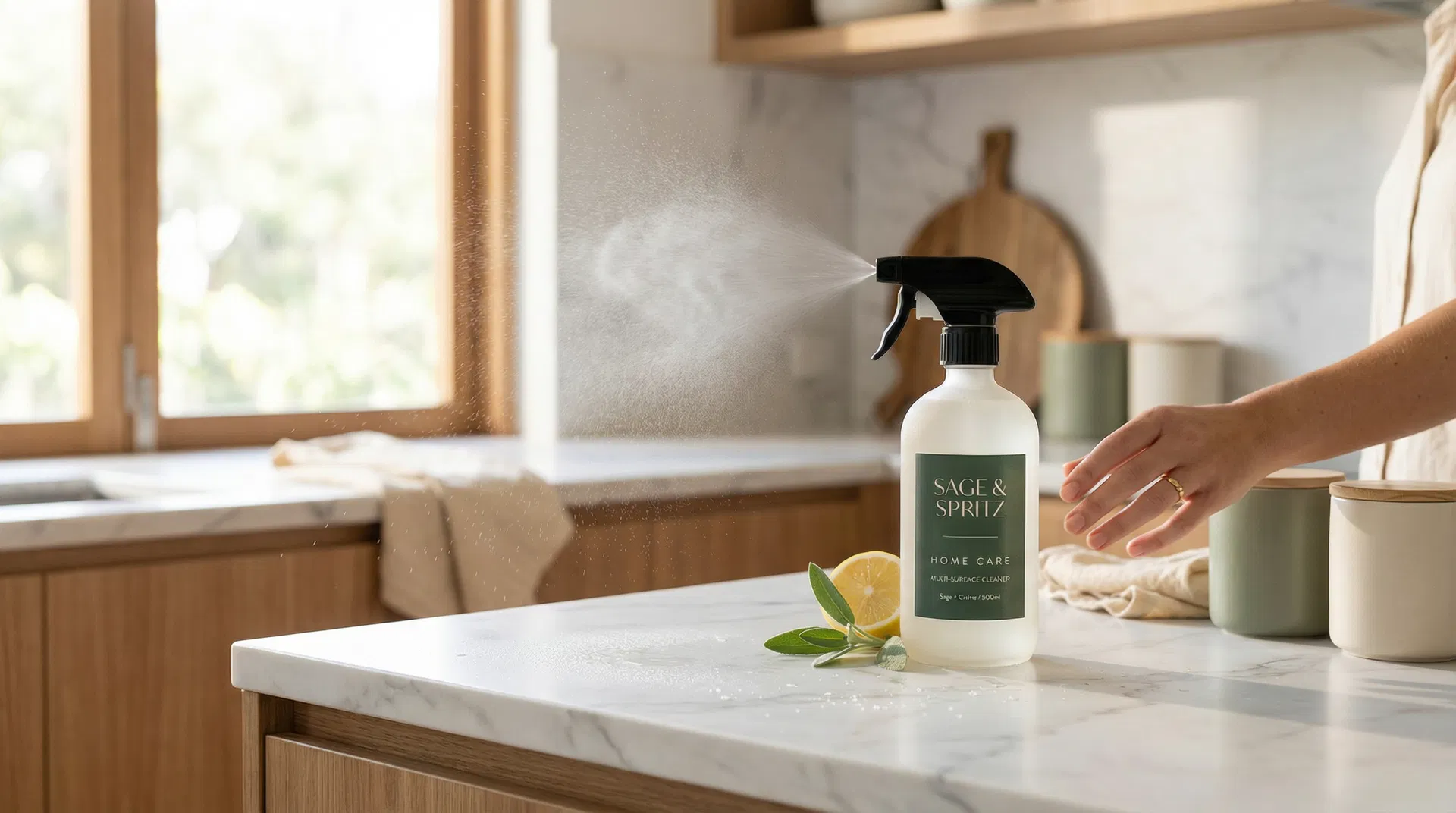 Sage & Spritz products on marble counter
