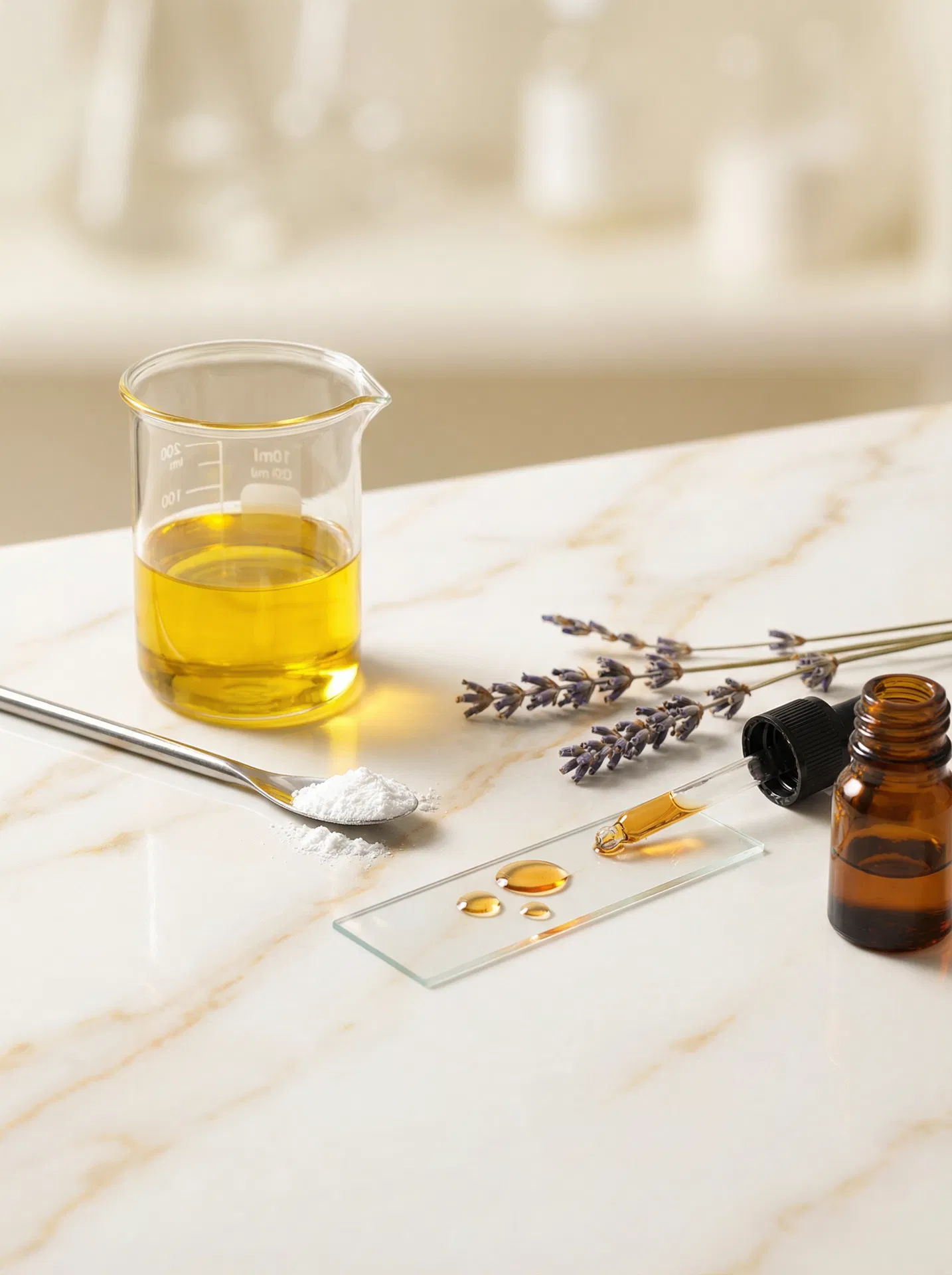 Niacinamide powder and laboratory glassware on white marble surface
