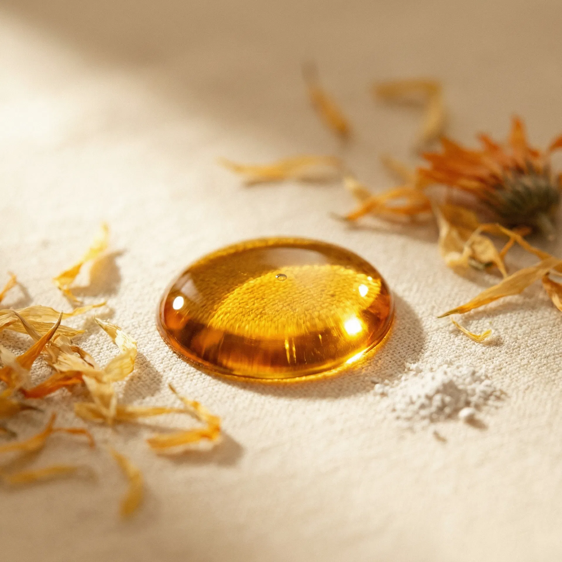 Golden oil droplet macro on linen with calendula petals