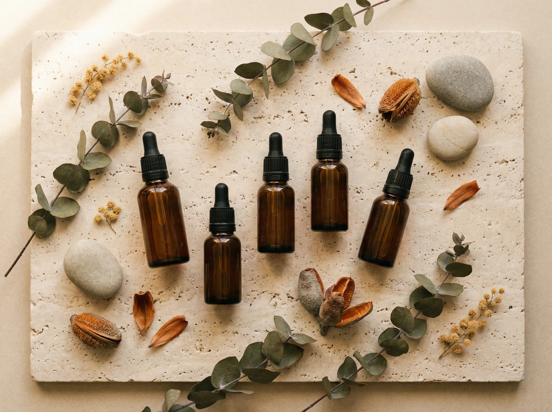 Reni Oils collection on travertine stone with Australian botanicals