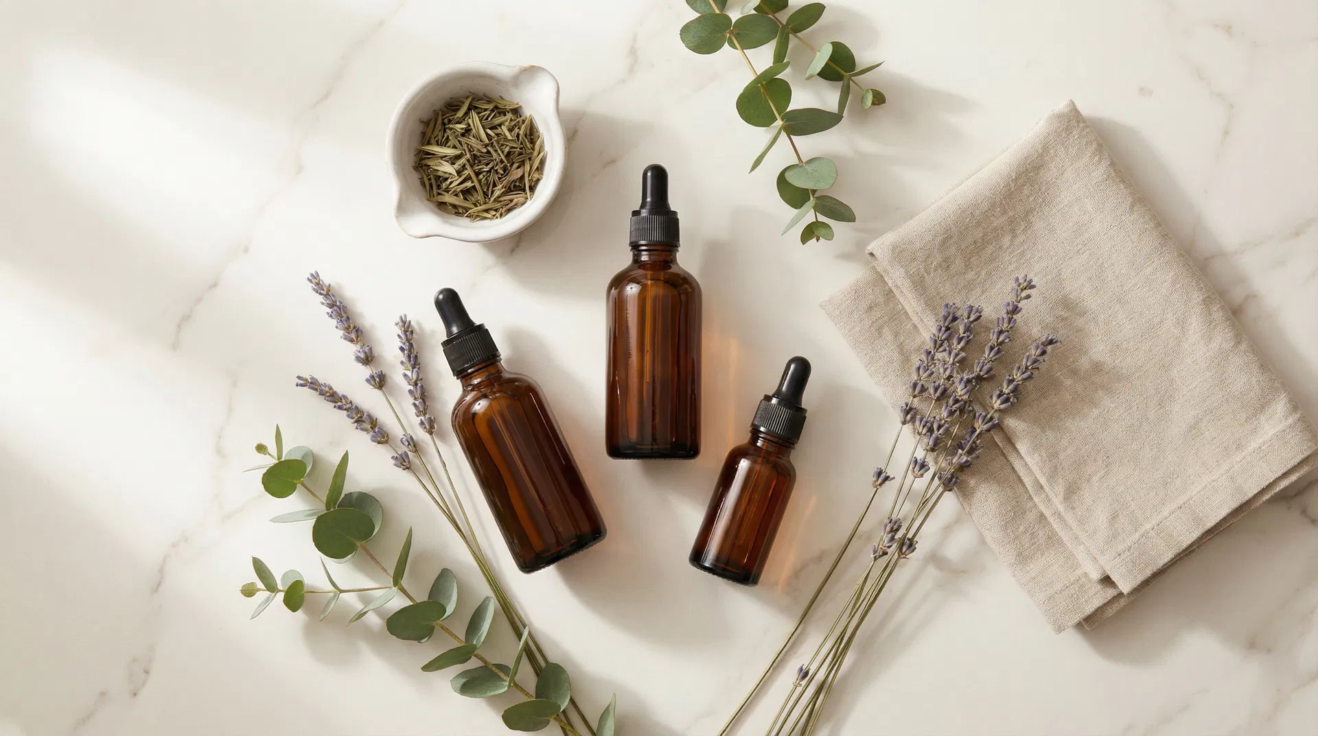 Reni Oils amber bottles with botanical ingredients on marble