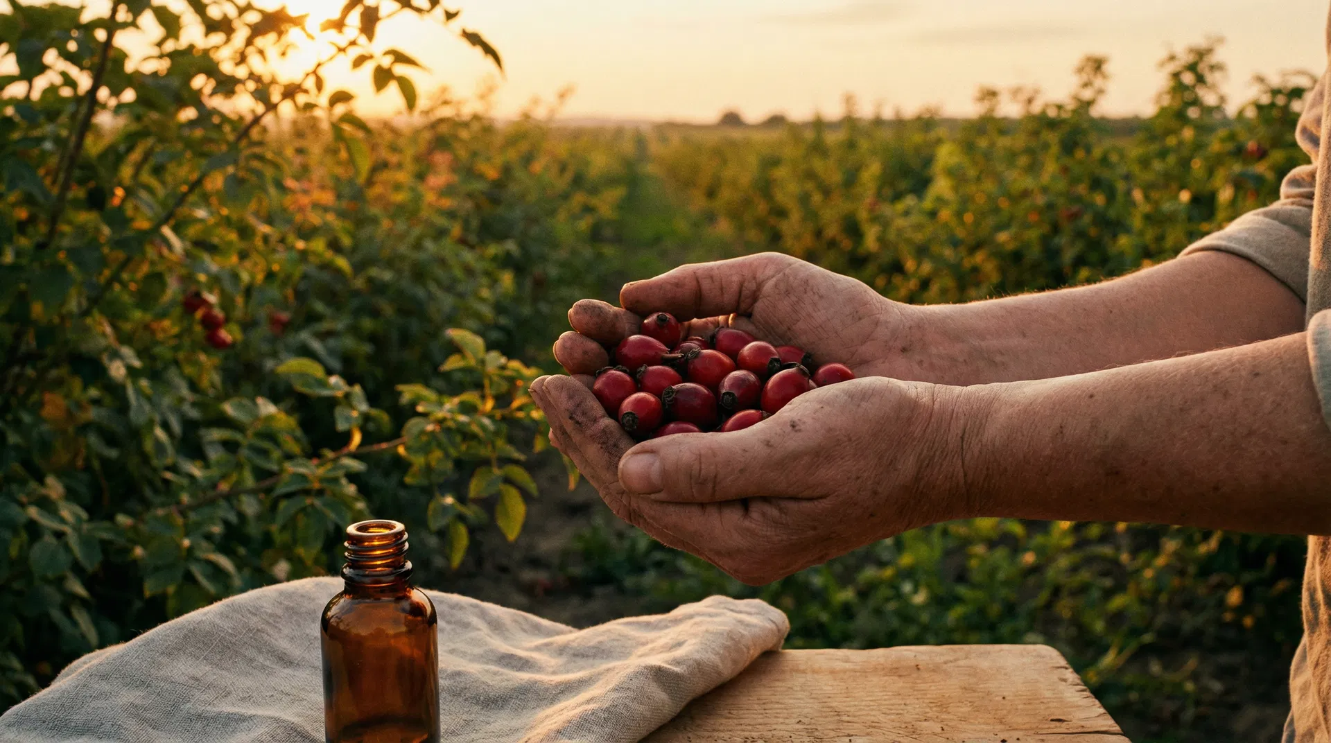 Hands cupping freshly harvested rosehips at golden hour
