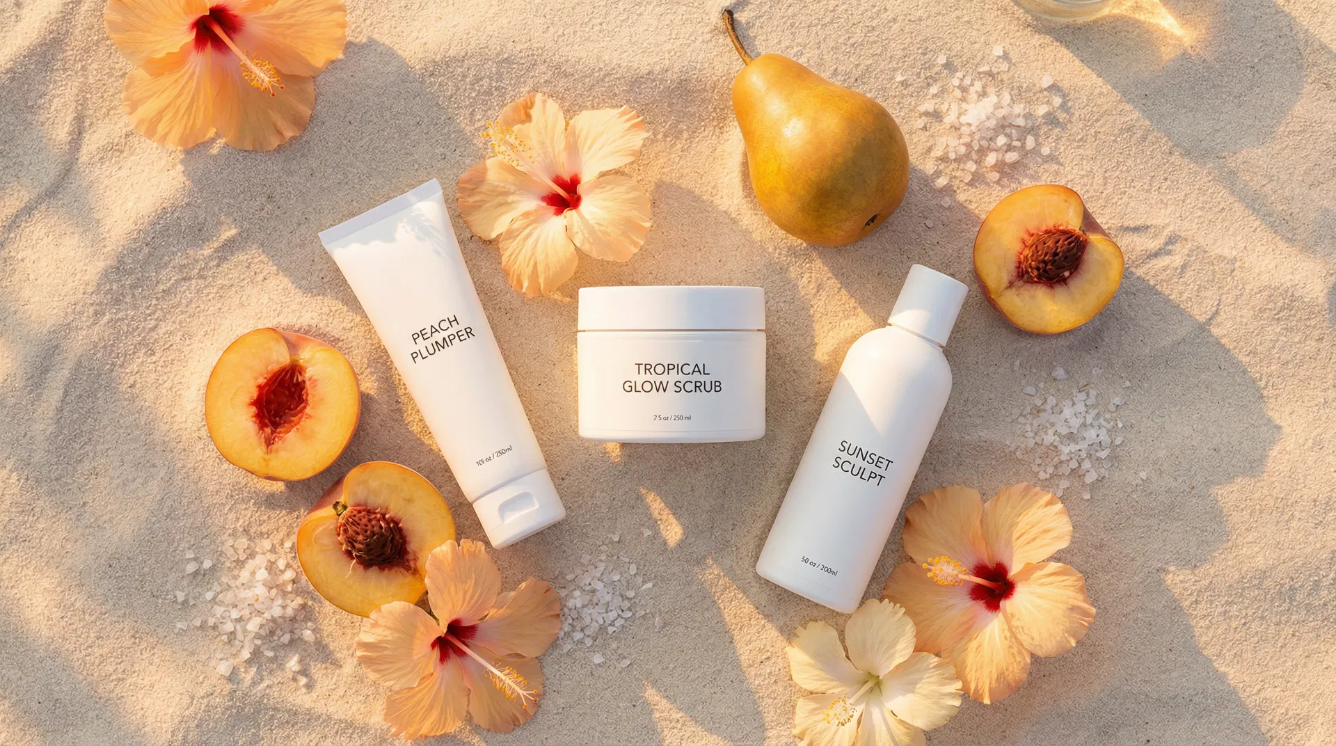 Peaches & Pairs product collection on sand