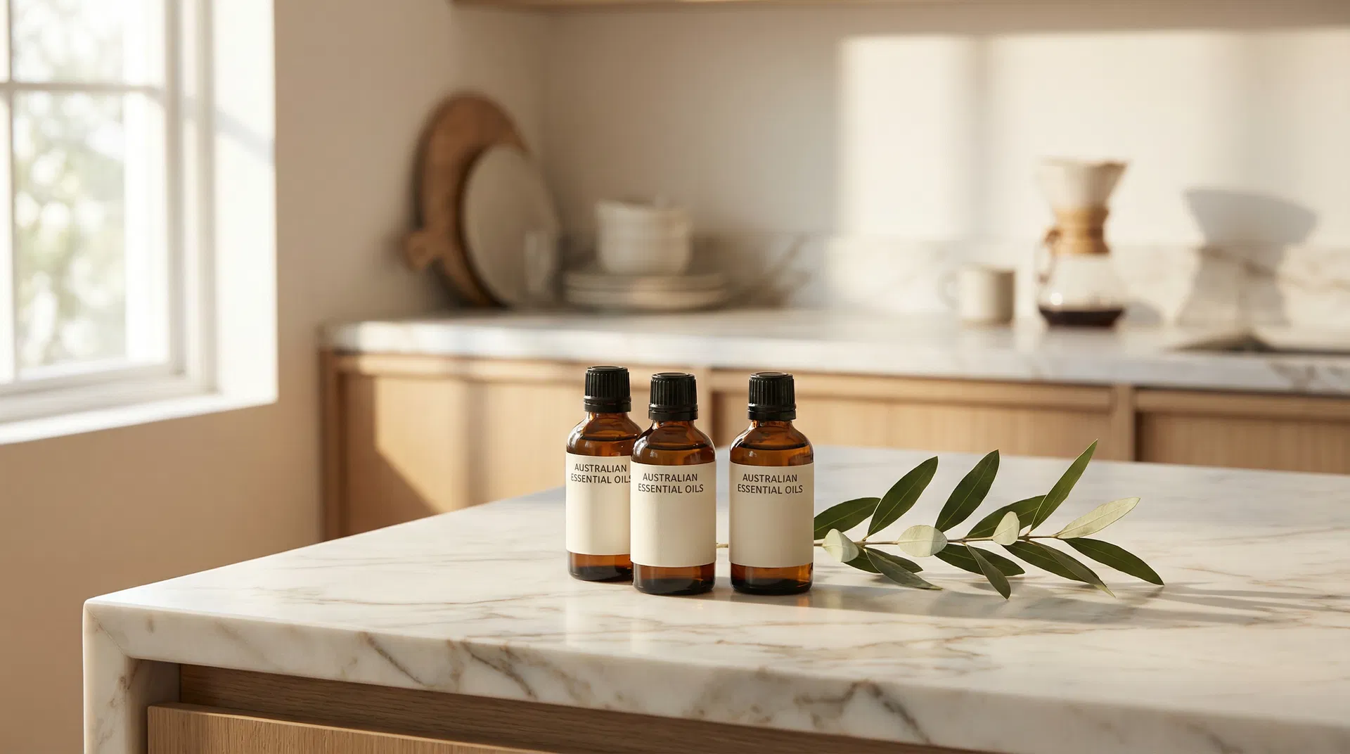 Pure essential oils on an Australian kitchen bench