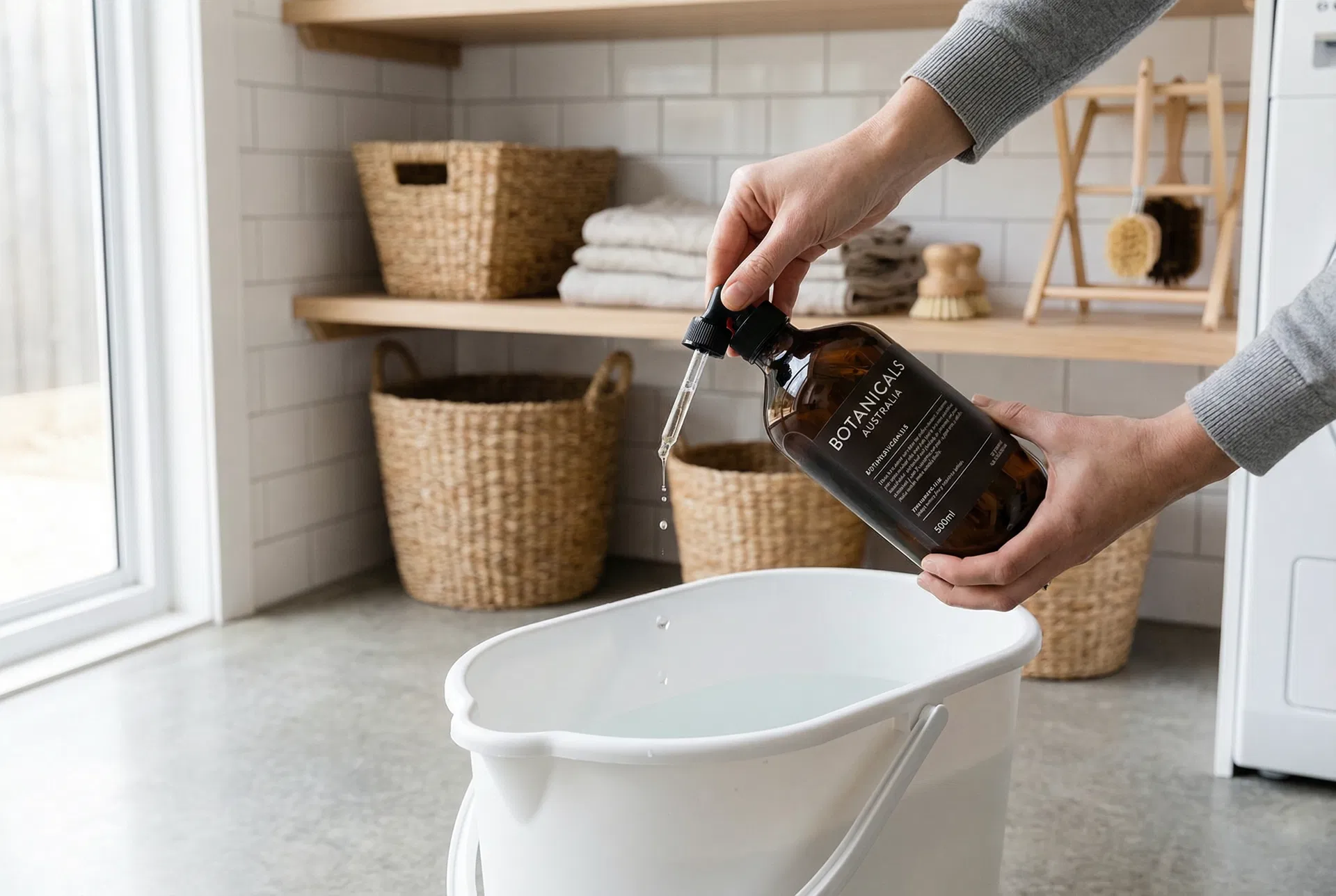 Adding essential oil to a mop bucket