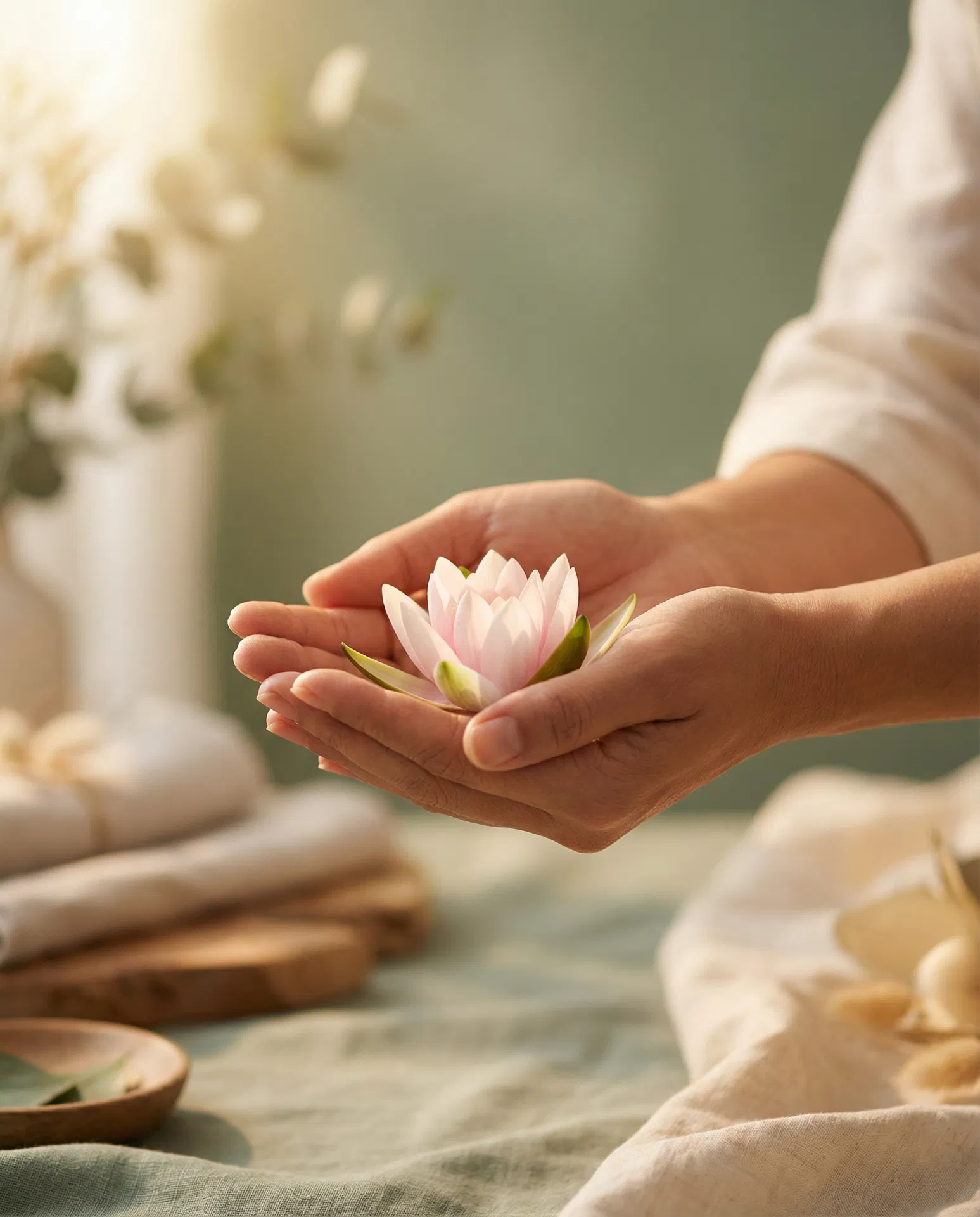 Healing hands holding a lotus flower