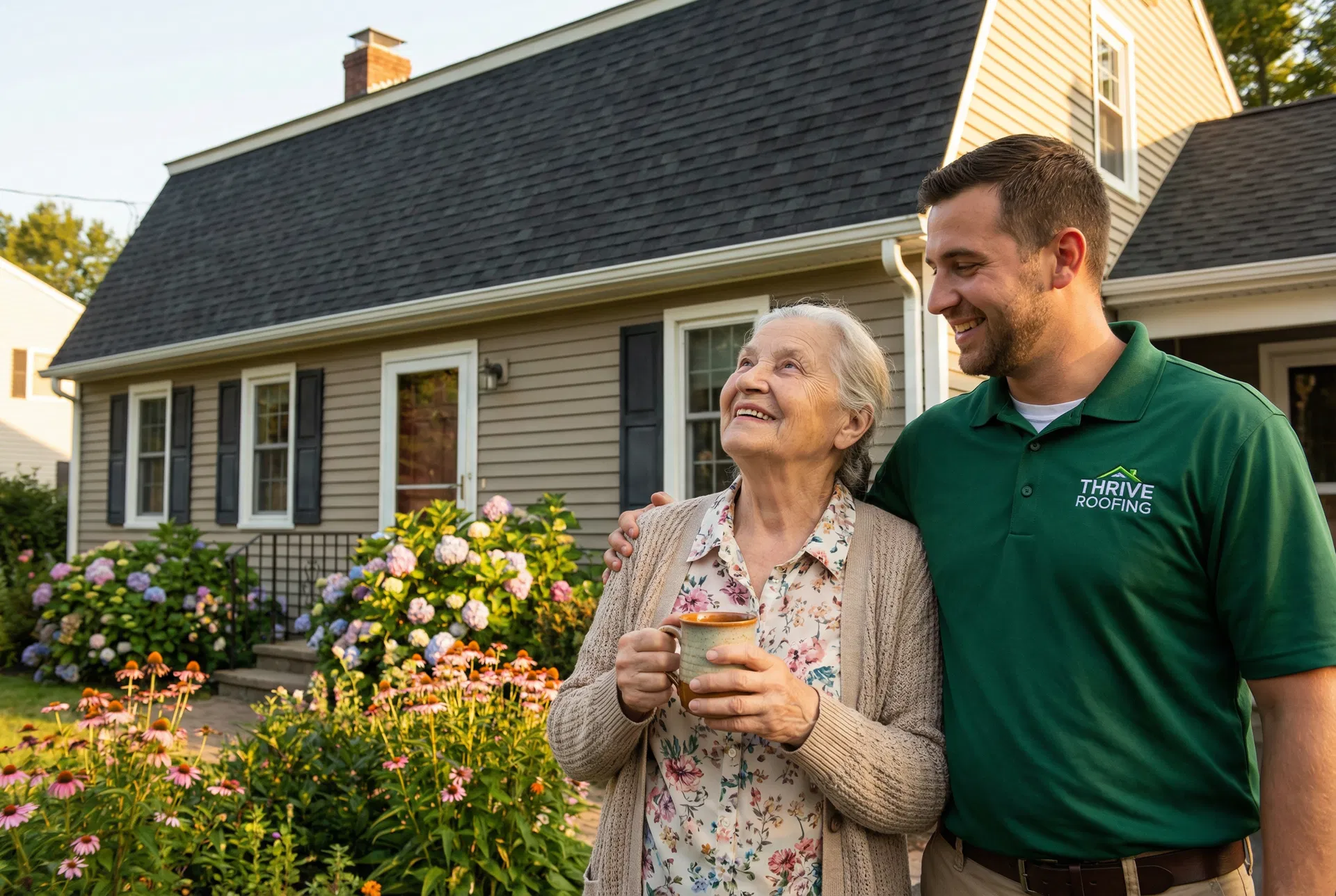 Grandma Lyudmila with Yuriy in front of her new roof in Feeding Hills