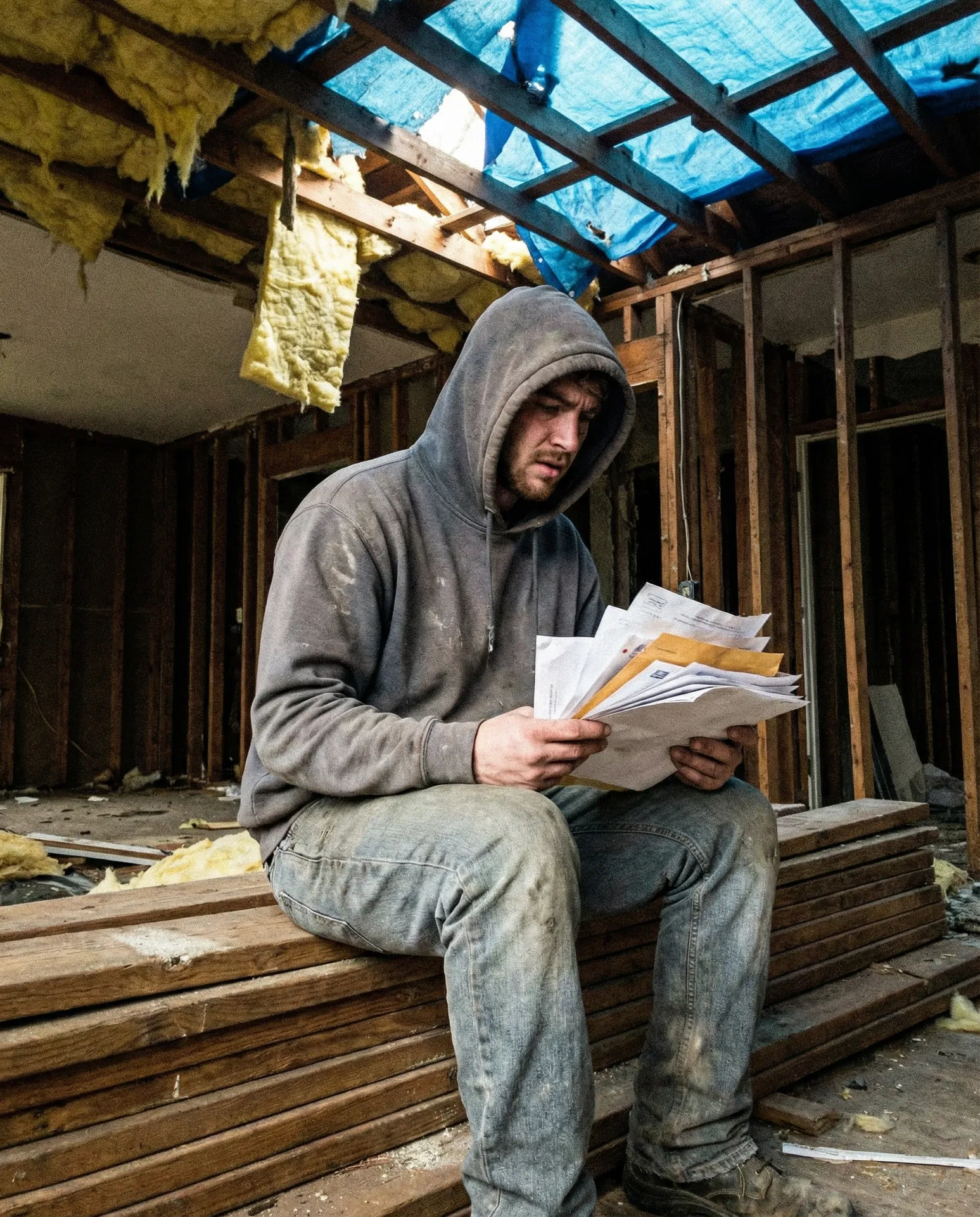 Yuriy in his unfinished home holding contractor bills, 2016