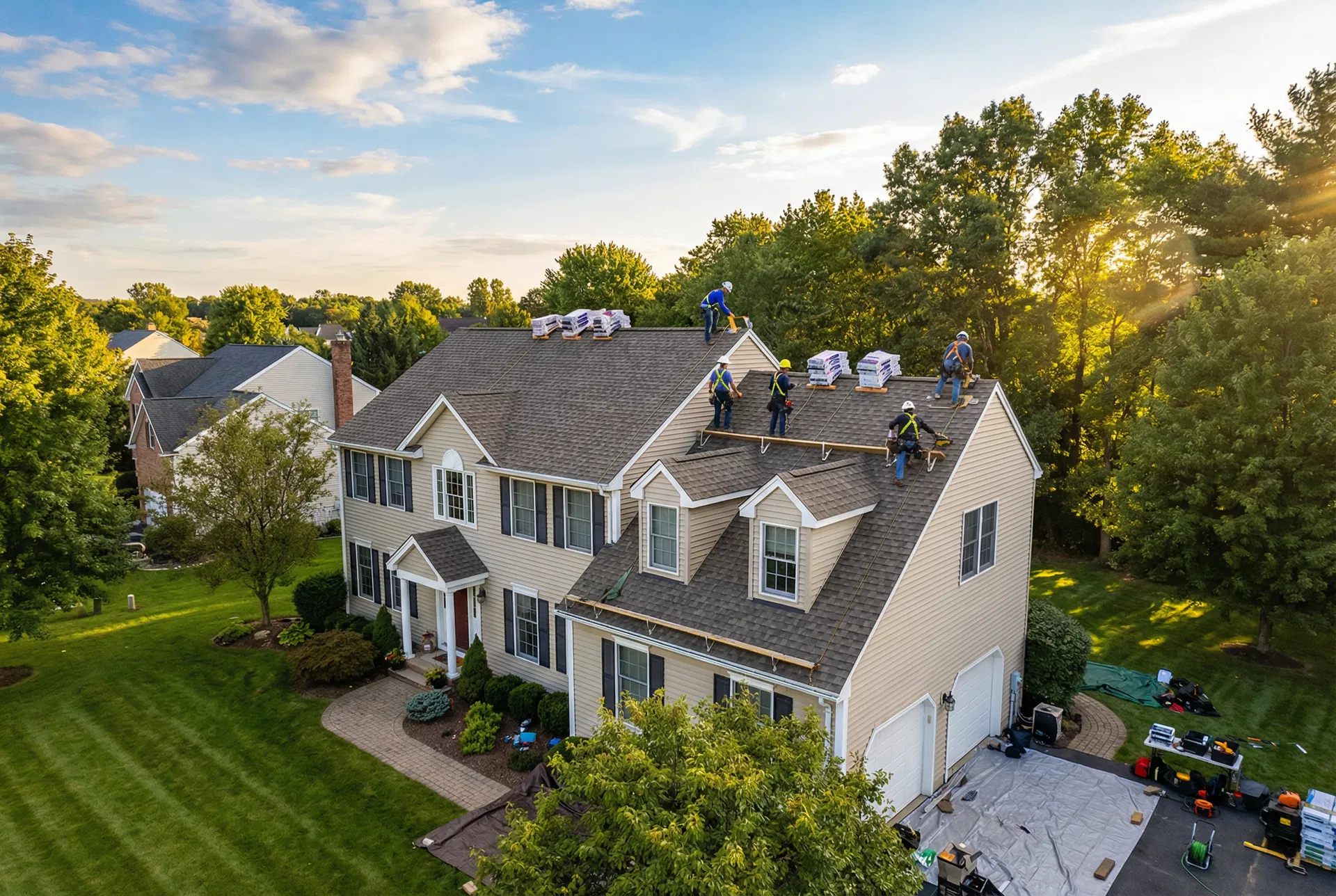 Professional roofing crew working on a Western MA home