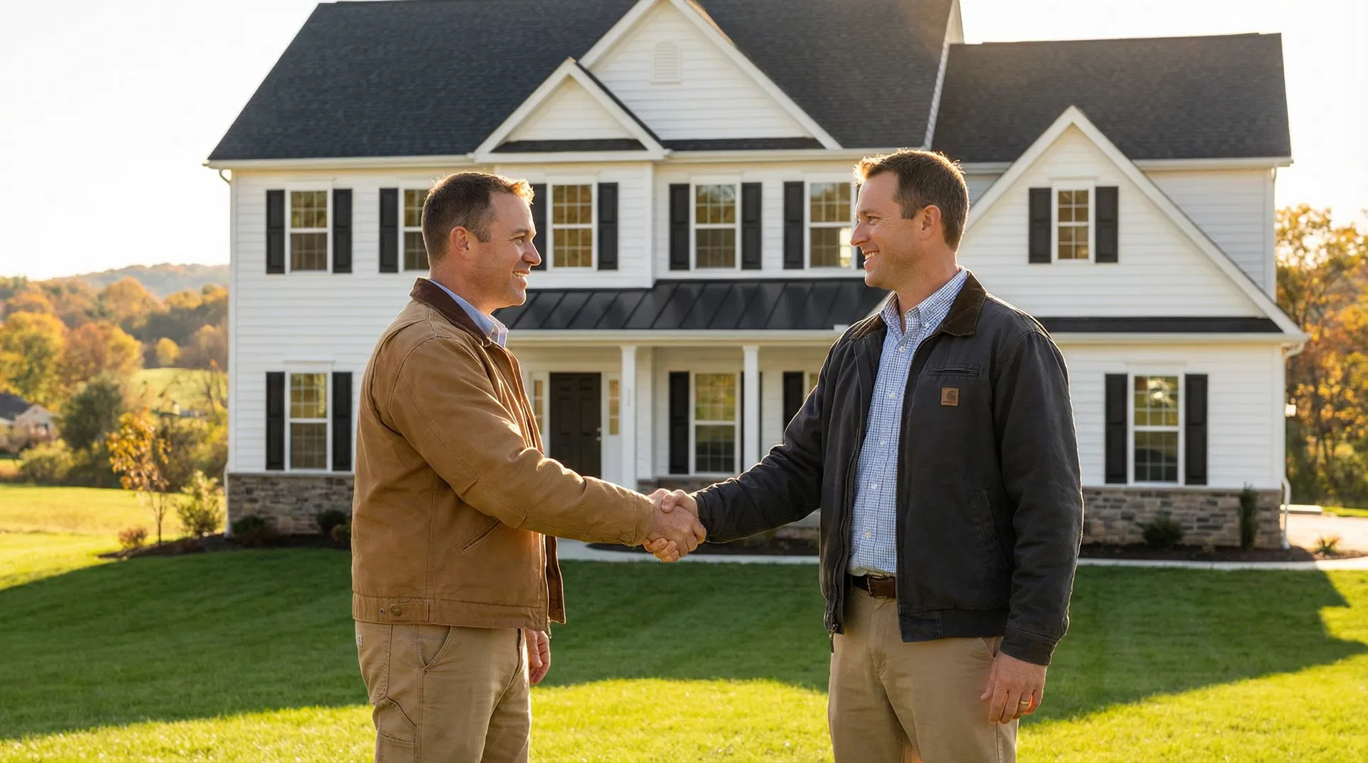 Two roofing company owners shaking hands in front of a Western MA home