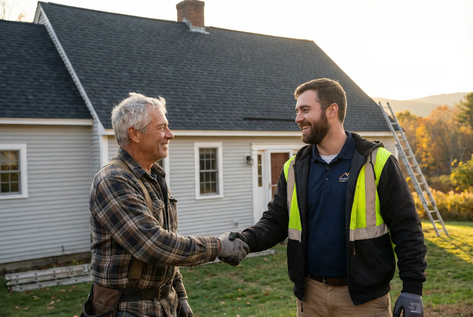 Experienced roofing company owner shaking hands with Thrive Roofing in Western MA