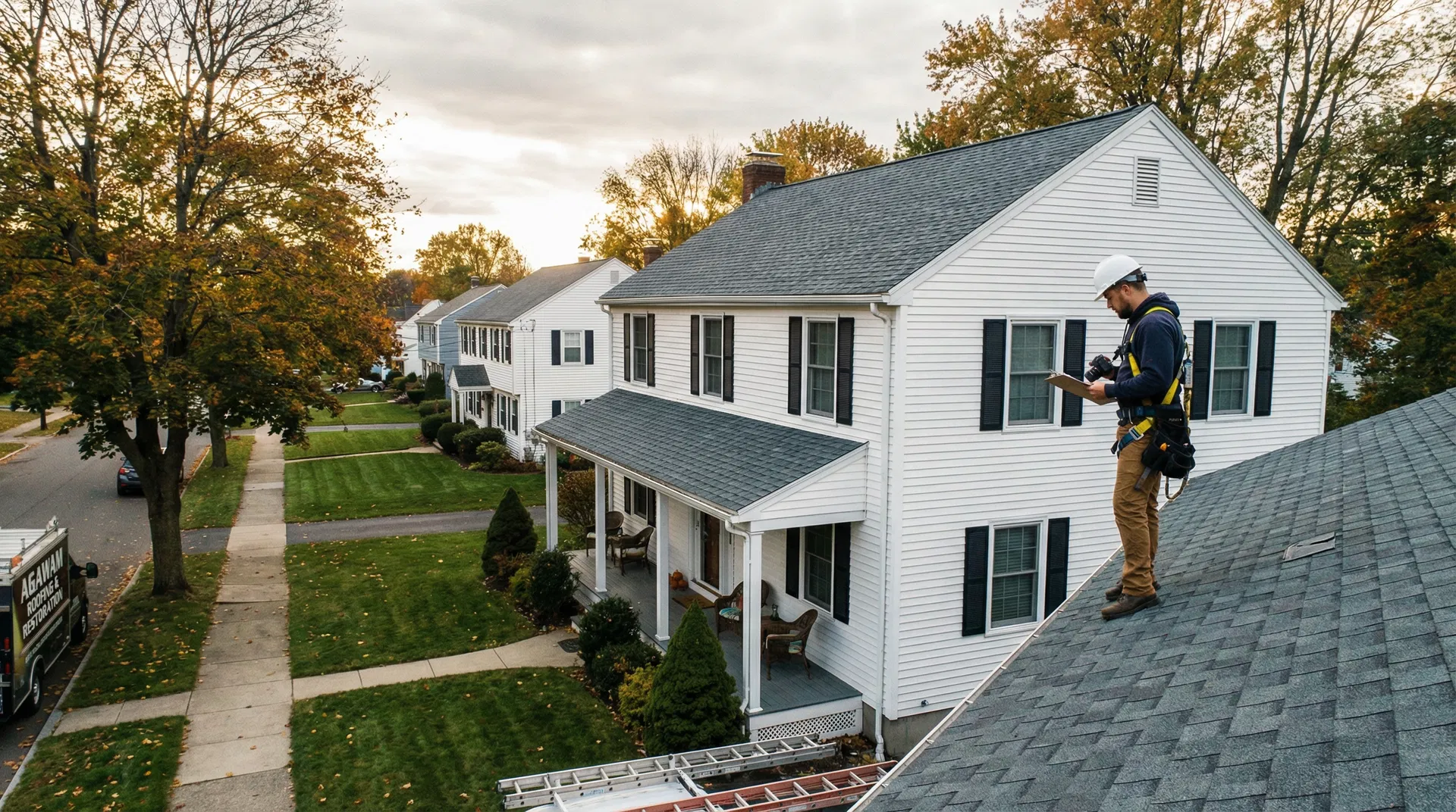 Thrive Roofing inspector on a classic colonial home in the Agawam Center Historic District on Main Street