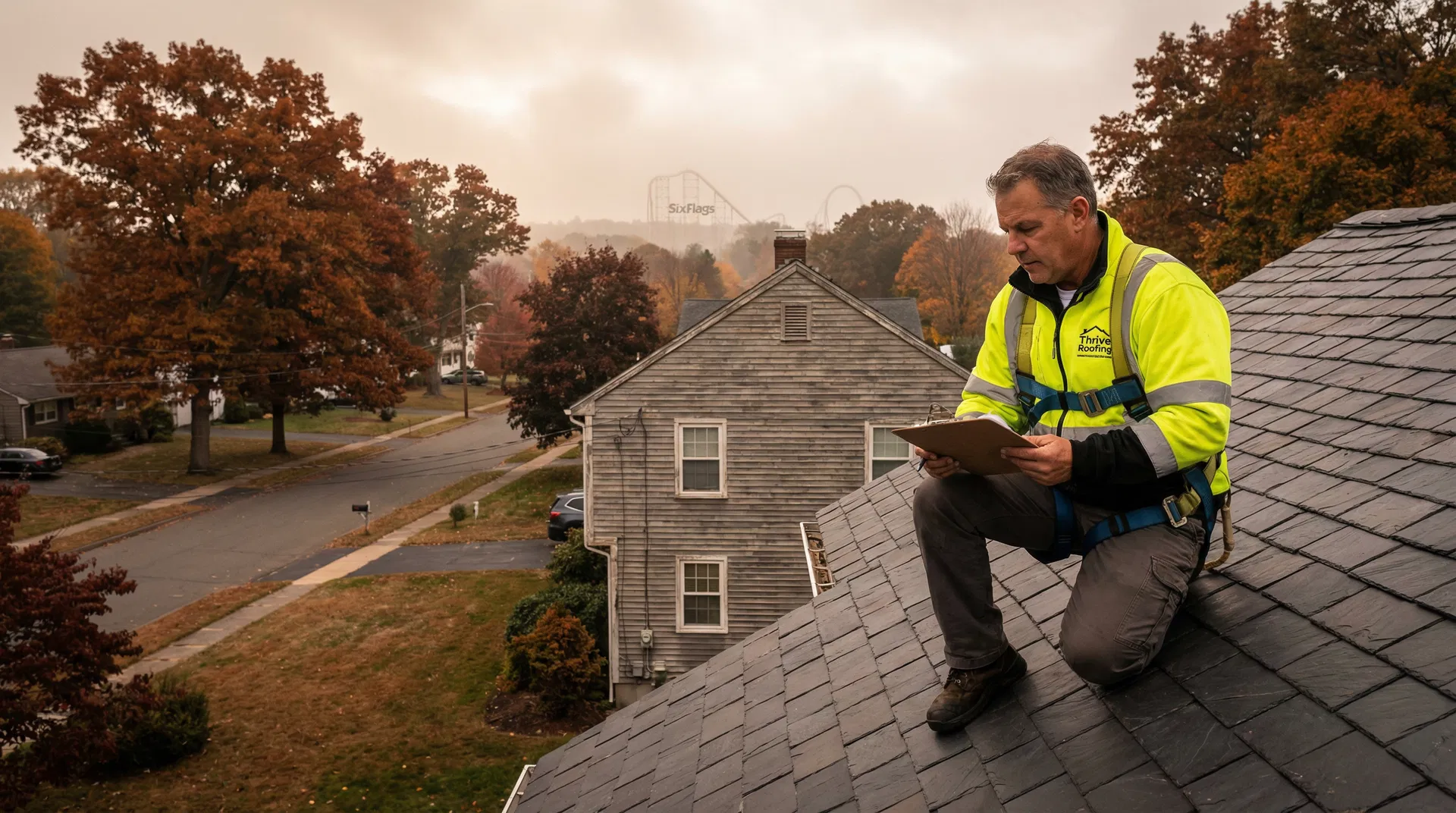 Thrive Roofing inspector on an Agawam home near Six Flags New England corridor
