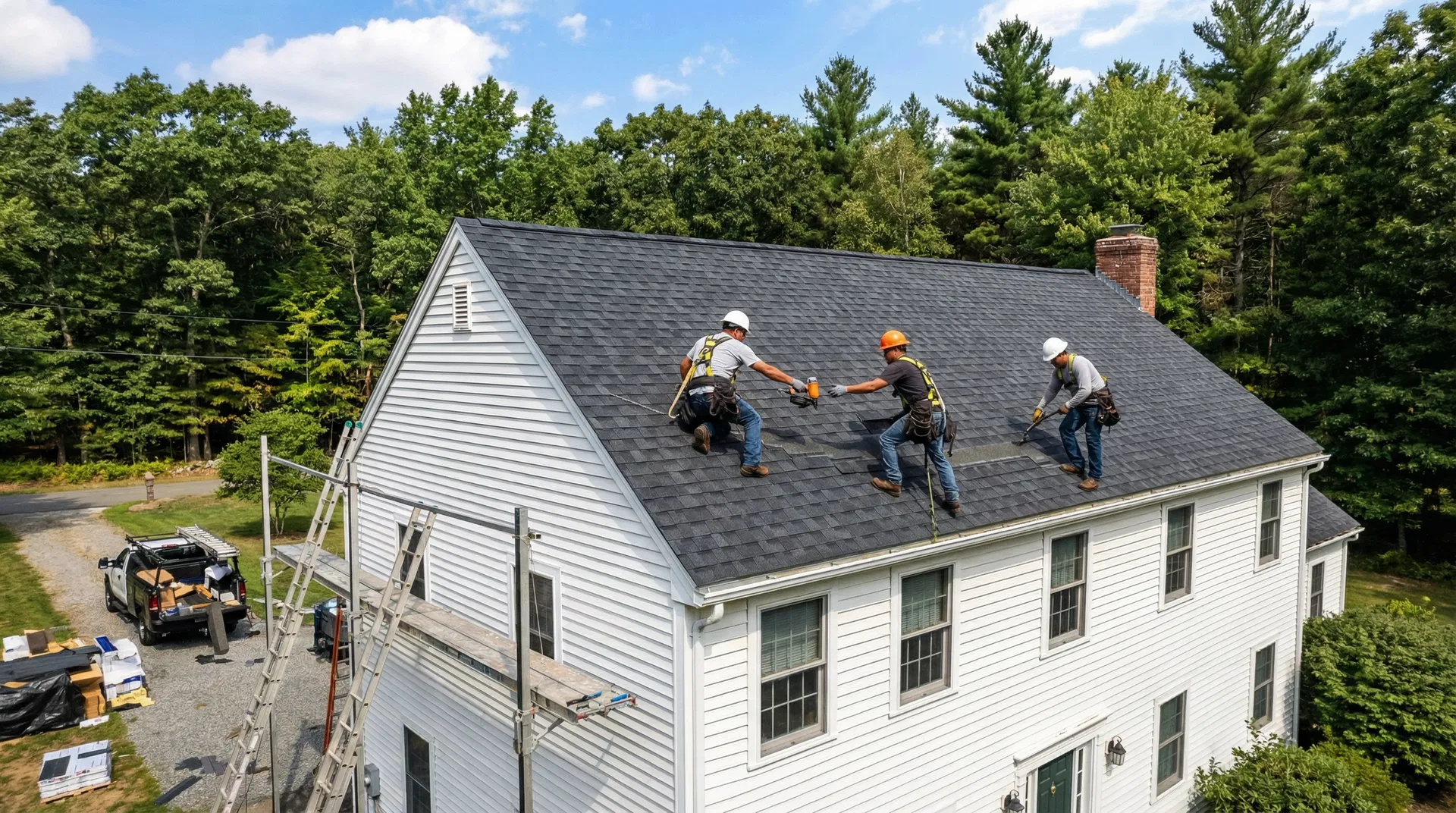 Thrive Roofing crew installing shingles on an Agawam home near Robinson State Park