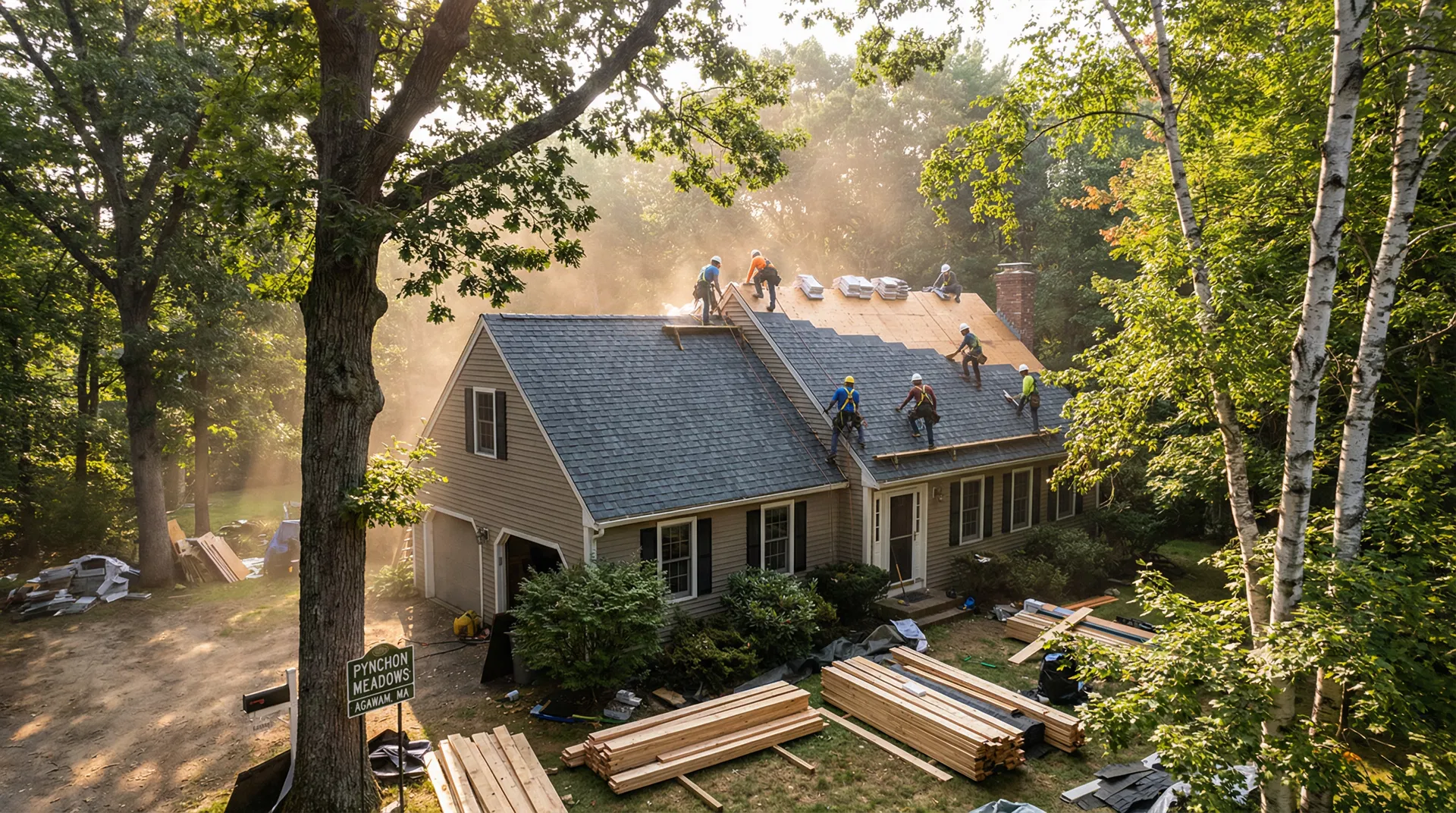 Thrive Roofing crew completing a full roof replacement near Pynchon Meadows in Agawam MA