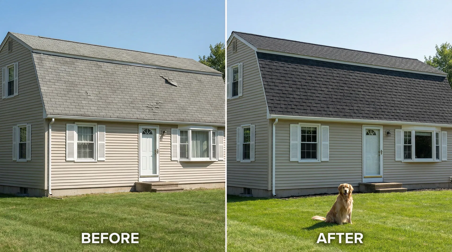 Before and after: 3-tab to CertainTeed Moire Black architectural shingles on Agawam Raised Ranch with Golden Retriever