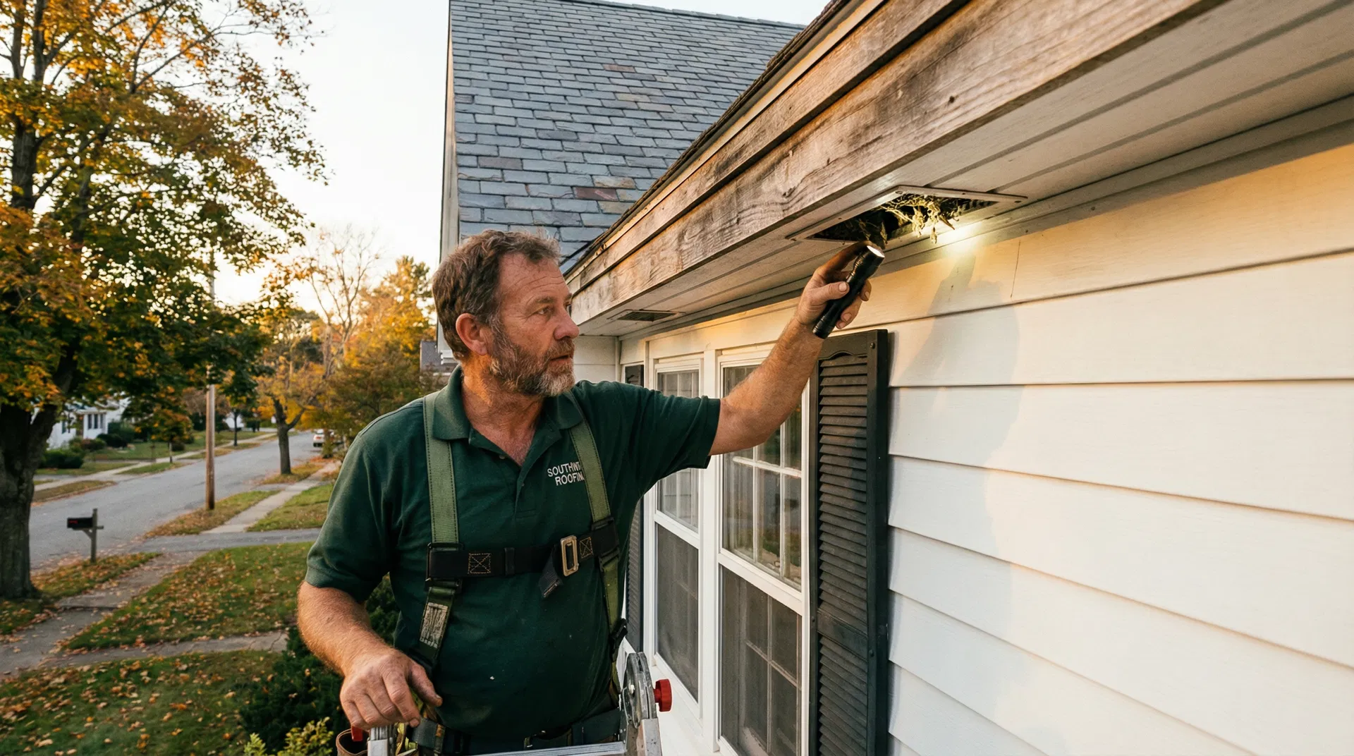A Thrive Roofing inspector checks a blocked soffit vent on a Southwick colonial. Blocked soffit vents are the most common cause of ice dams in Western MA. Most homeowners never know they have this problem.