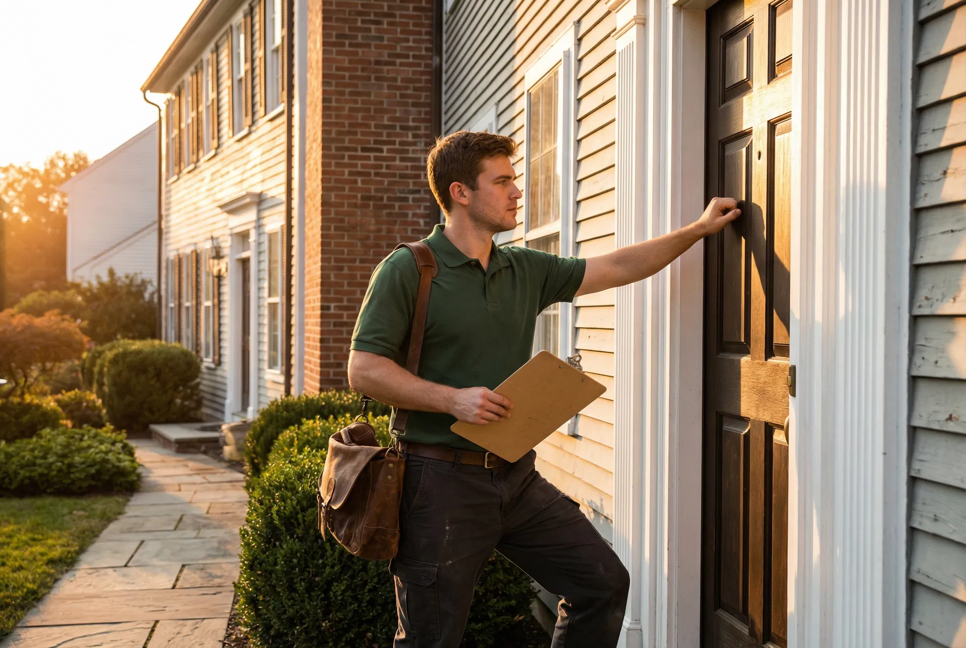 Thrive Roofing sales rep canvassing in Southwick MA at golden hour