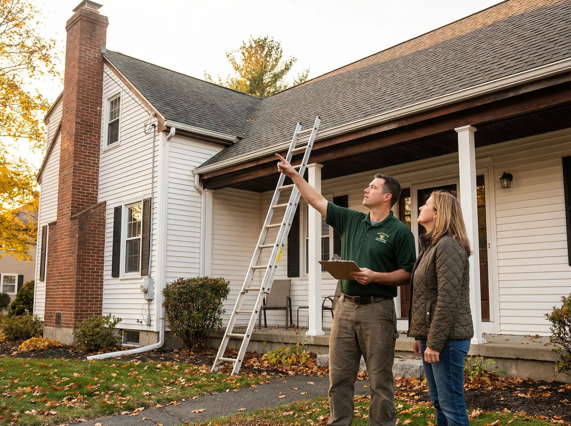 Thrive Roofing Company project manager walking homeowner through project details in Agawam MA