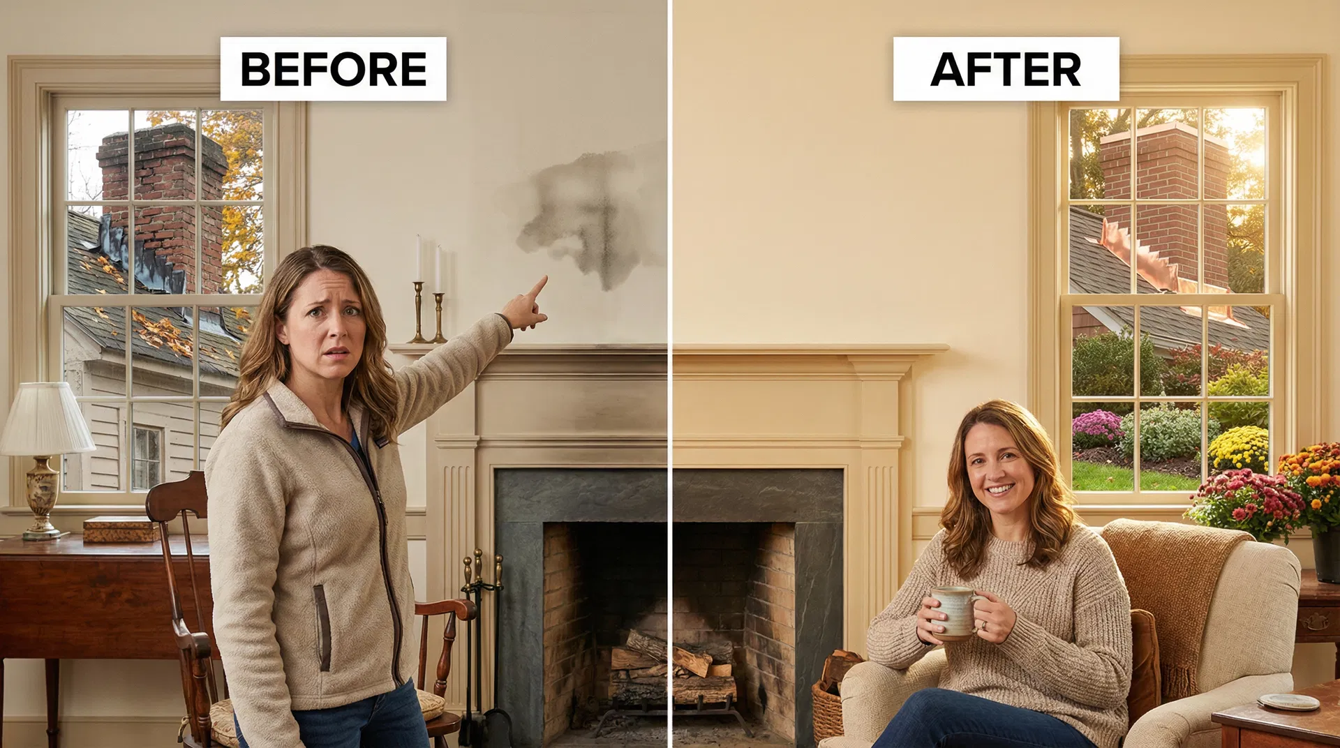 Before and after chimney flashing repair — worried homeowner vs relaxed homeowner with coffee by fireplace
