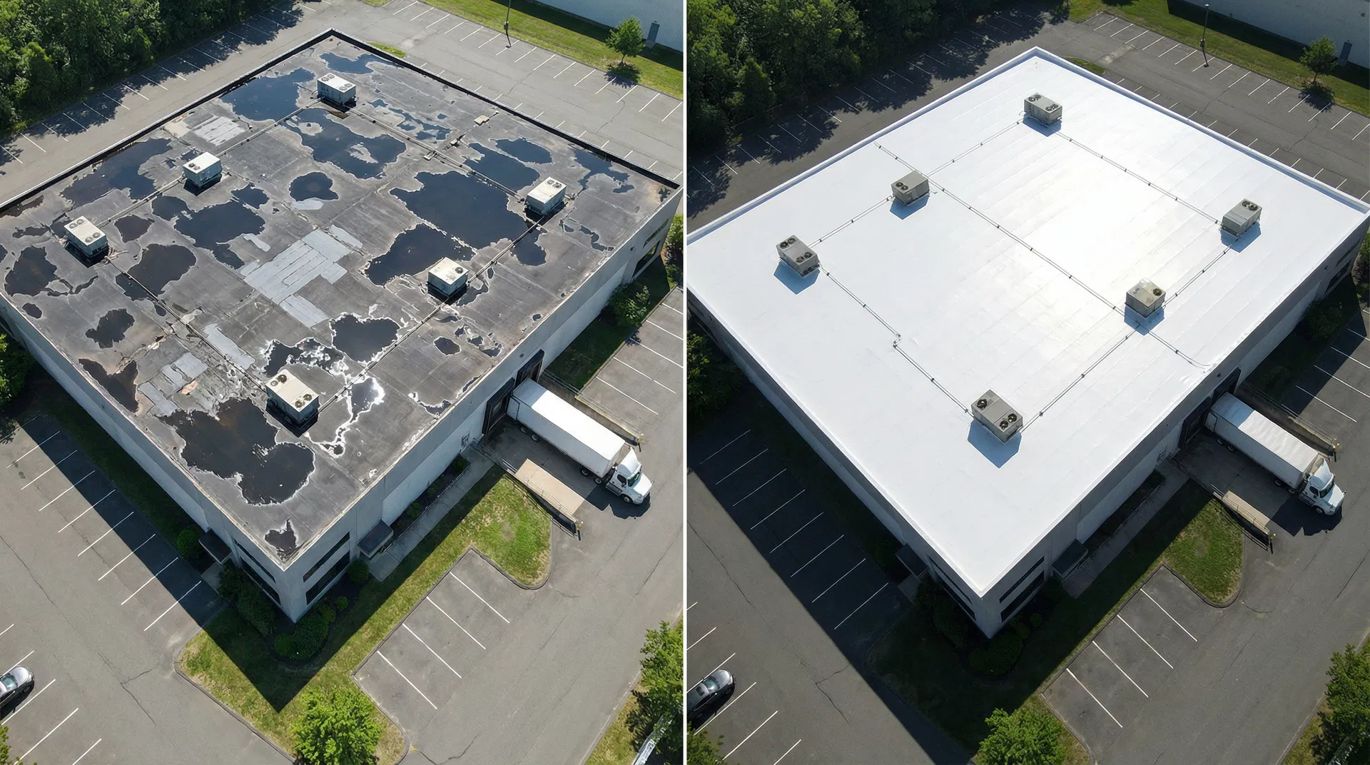 Commercial roofing crew working on a large flat roof warehouse in Western Massachusetts