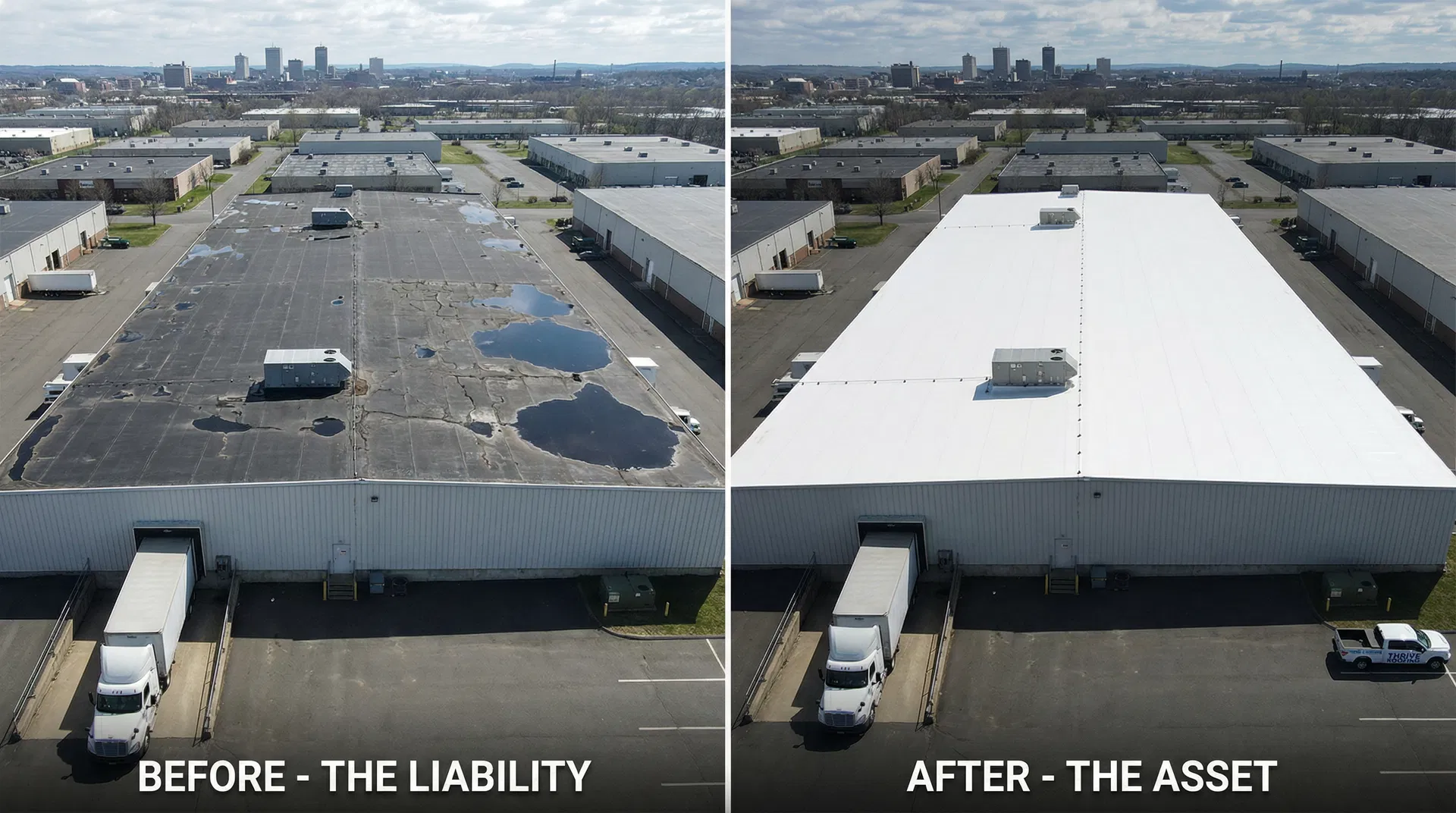 Before and after drone aerial view: cracked black EPDM flat roof with ponding water replaced by clean white TPO membrane on a 30,000 sq ft warehouse in West Springfield MA