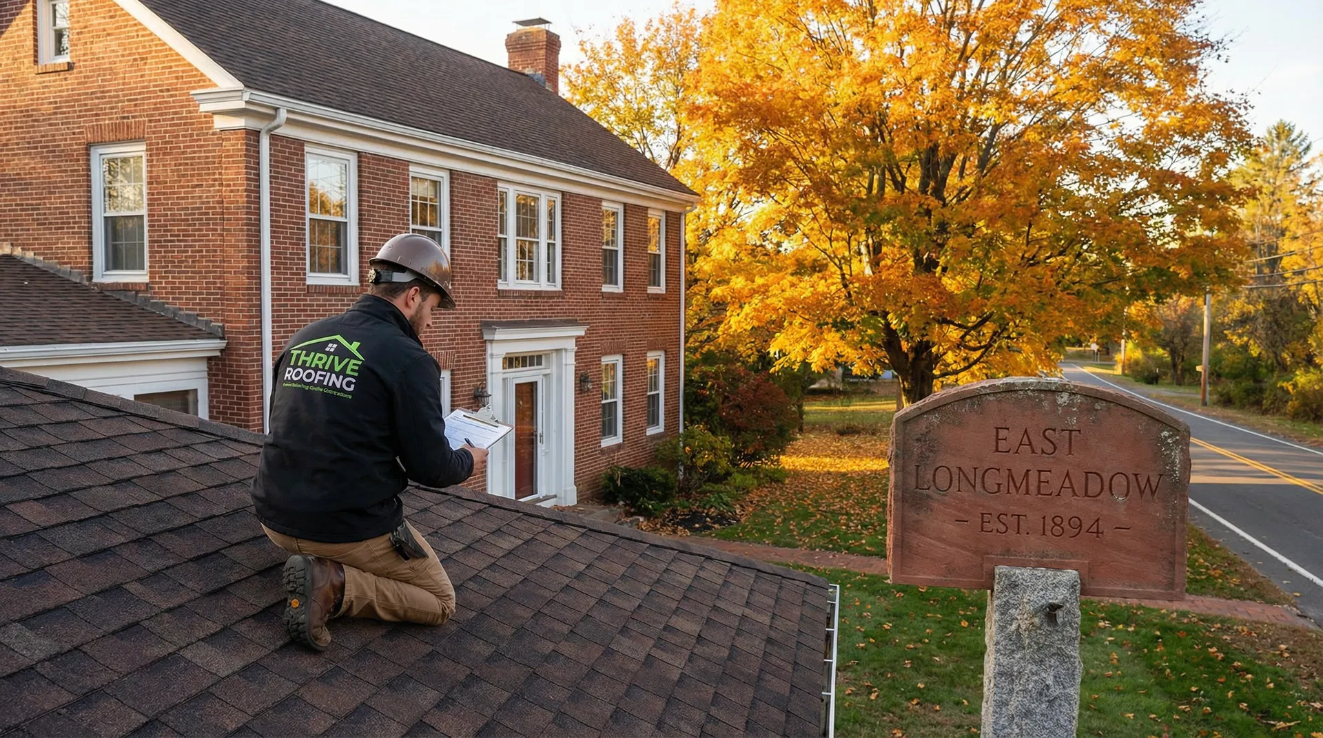 Roofing contractor inspecting a historic home near the Dr. Seuss National Memorial Quadrangle in Springfield MA