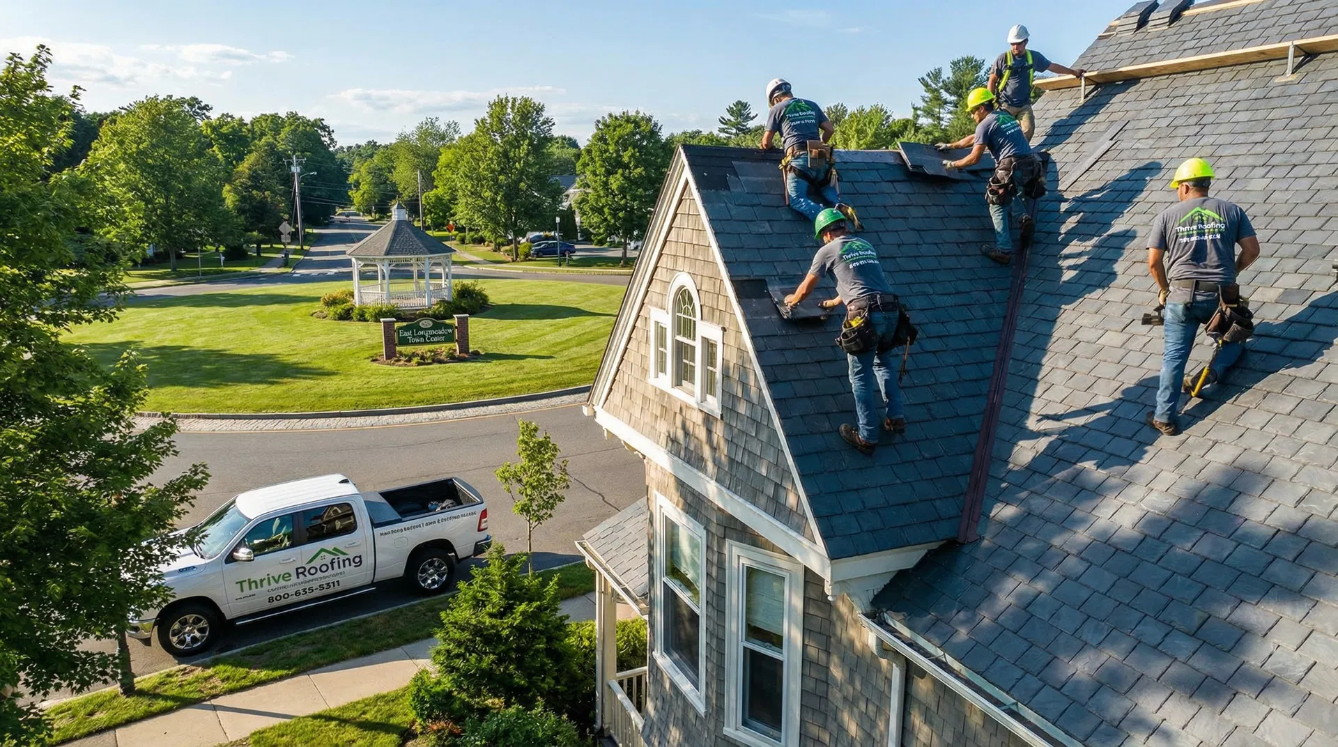 Roofing crew installing shingles on a home in the center of East Longmeadow near the rotary