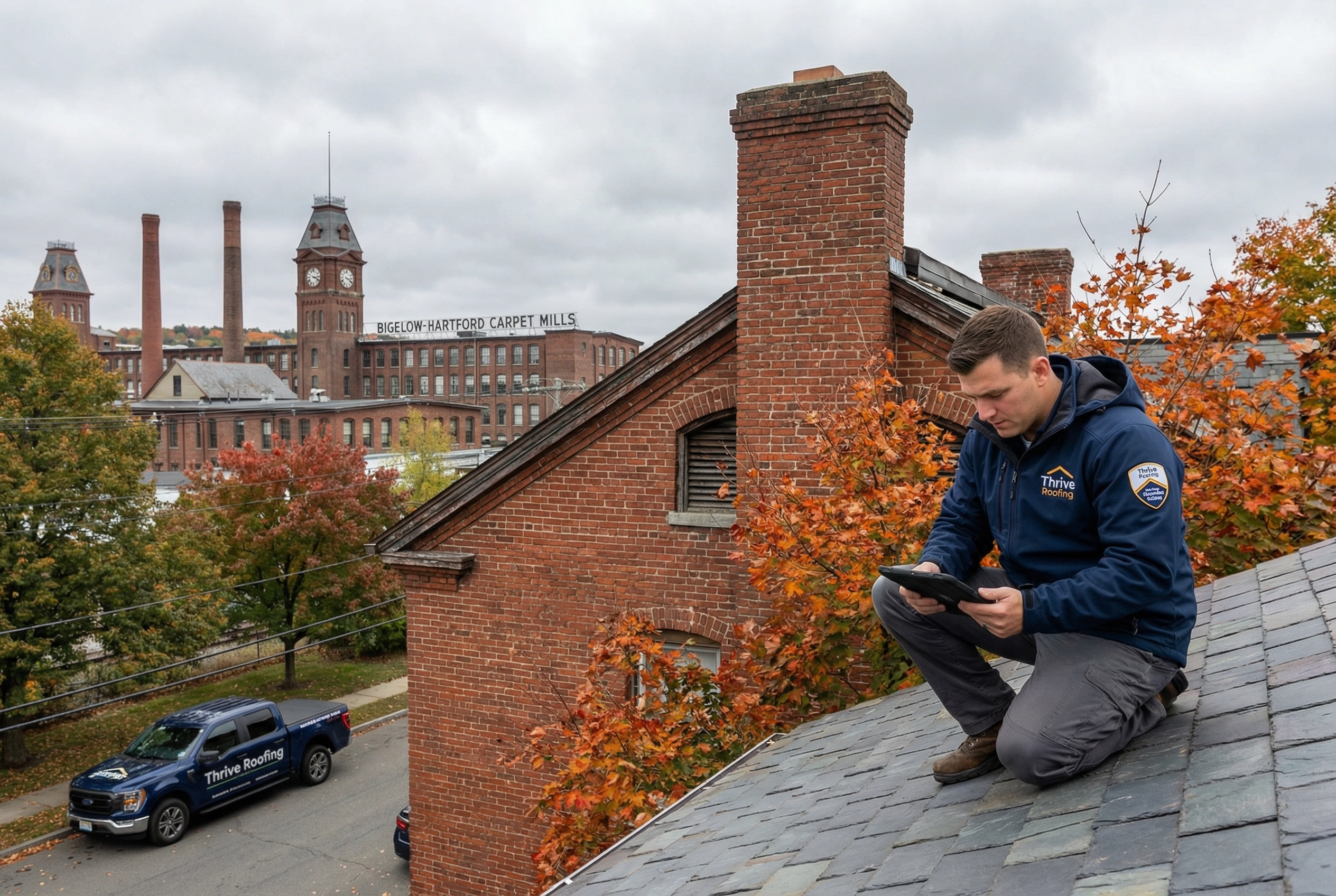 Thrive Roofing contractor inspecting a historic brick building near the Bigelow-Hartford Carpet Mills area in Enfield CT