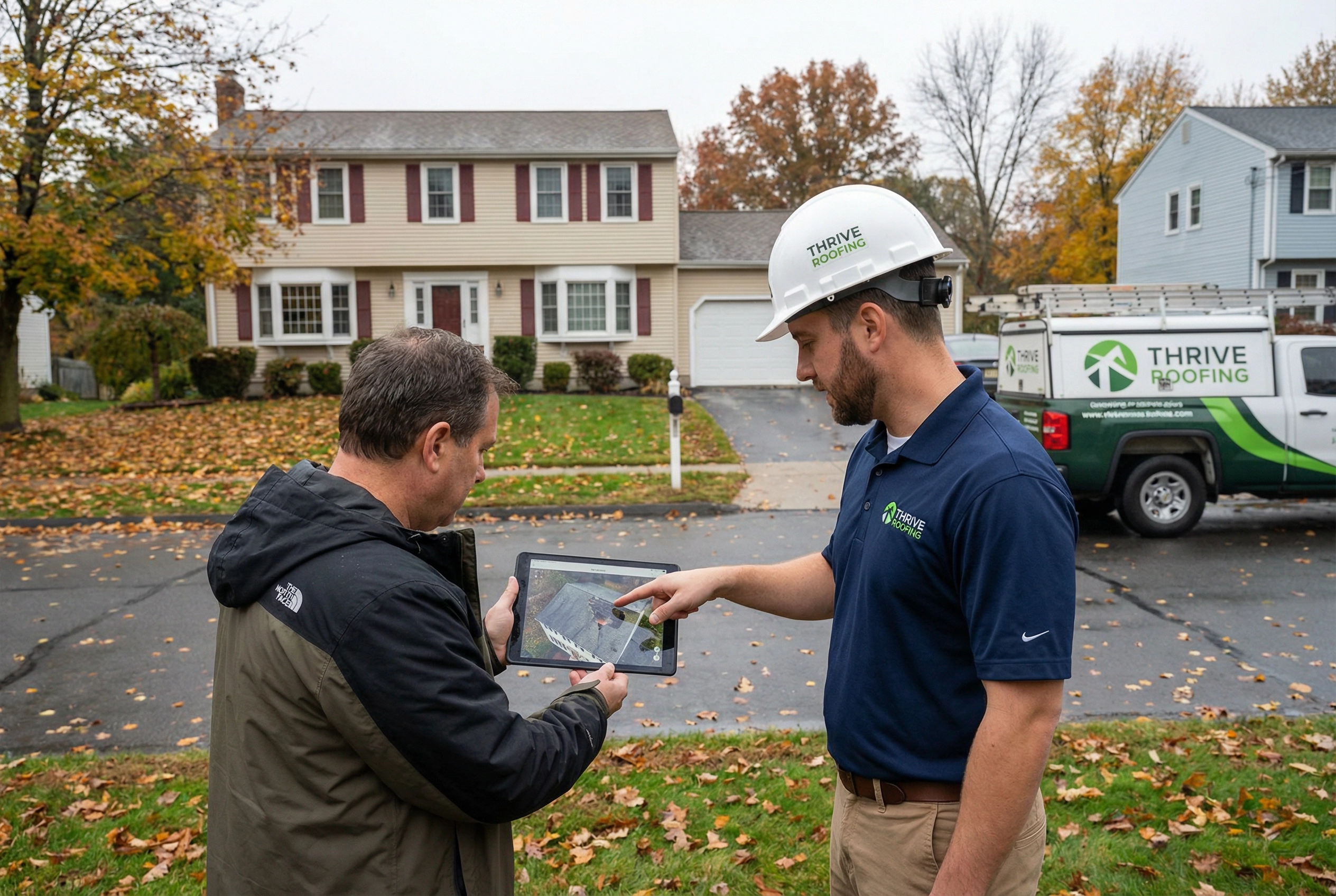 Homeowner and Thrive Roofing contractor reviewing storm damage in a suburban neighborhood in Enfield CT