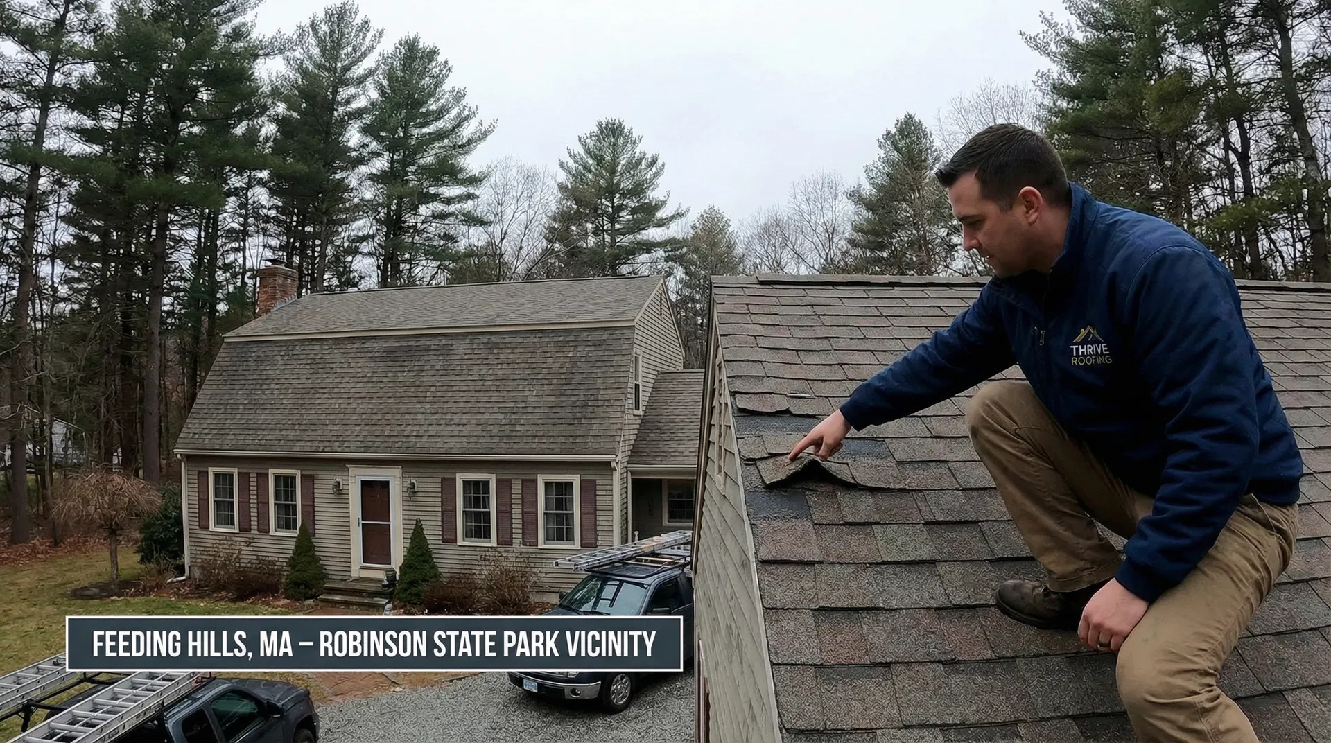 Thrive Roofing contractor inspecting a colonial home in the Robinson State Park neighborhood of Feeding Hills MA