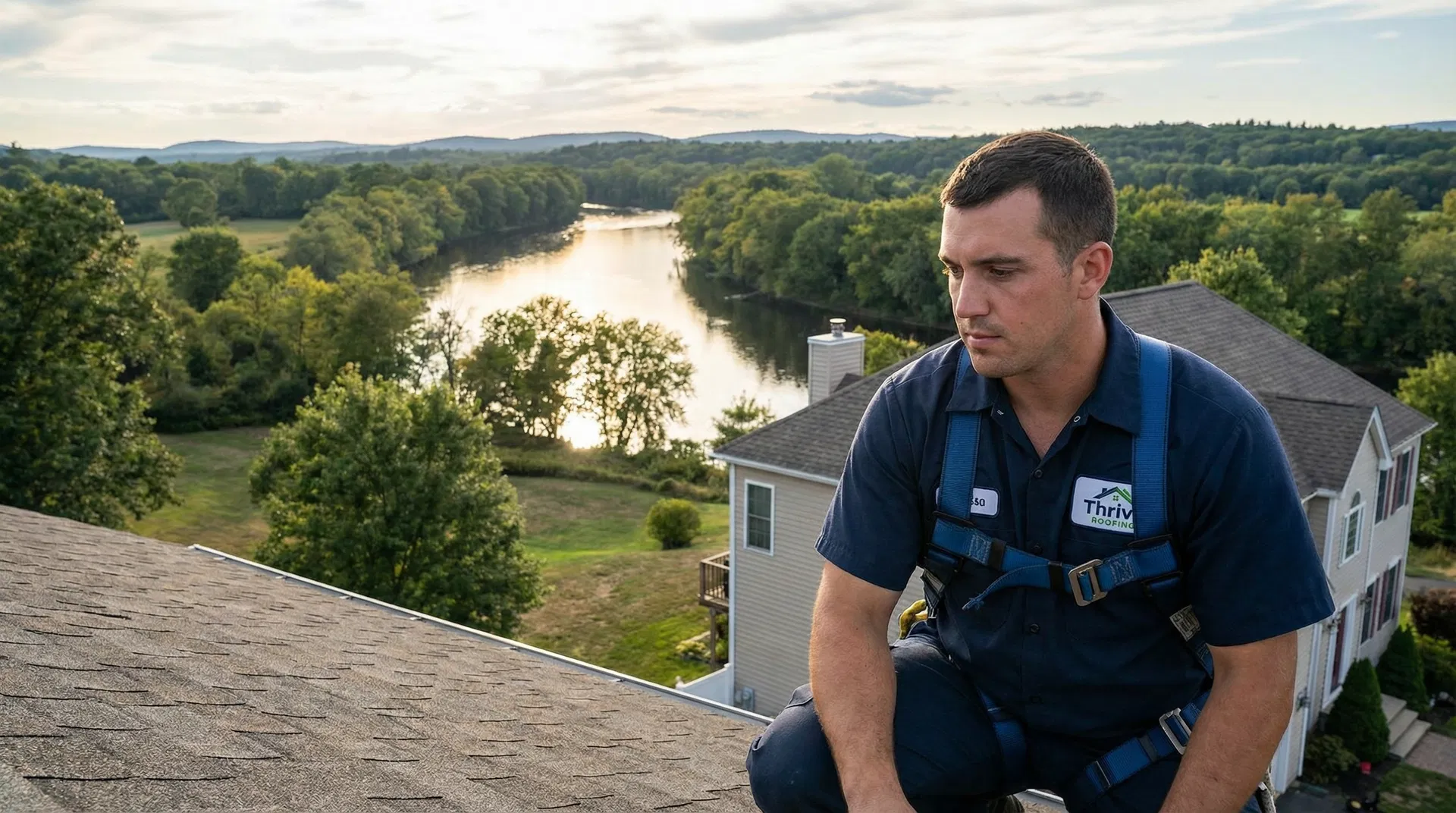 Homeowner and Thrive Roofing contractor reviewing roof damage near the Westfield River Corridor in Feeding Hills