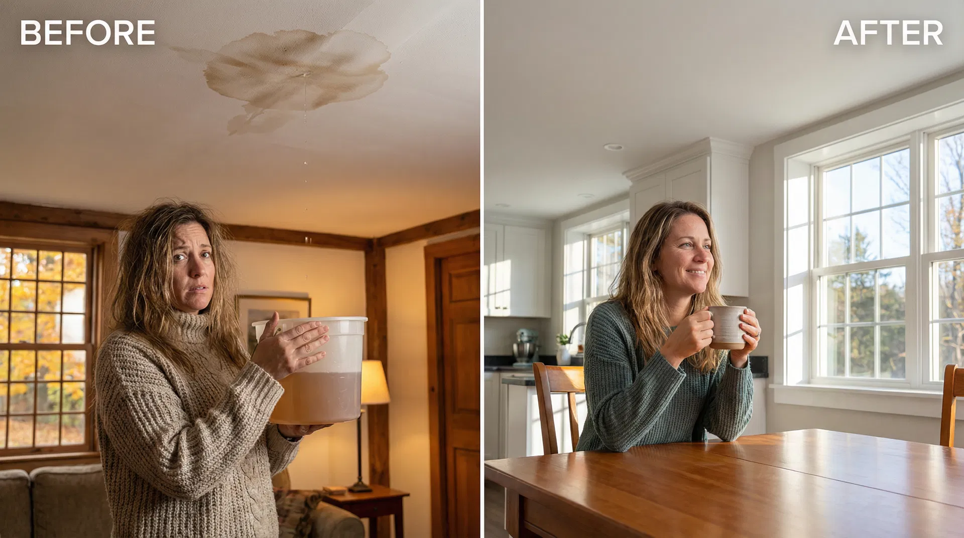 Before and after flashing repair — stressed homeowner with bucket vs relaxed homeowner with coffee