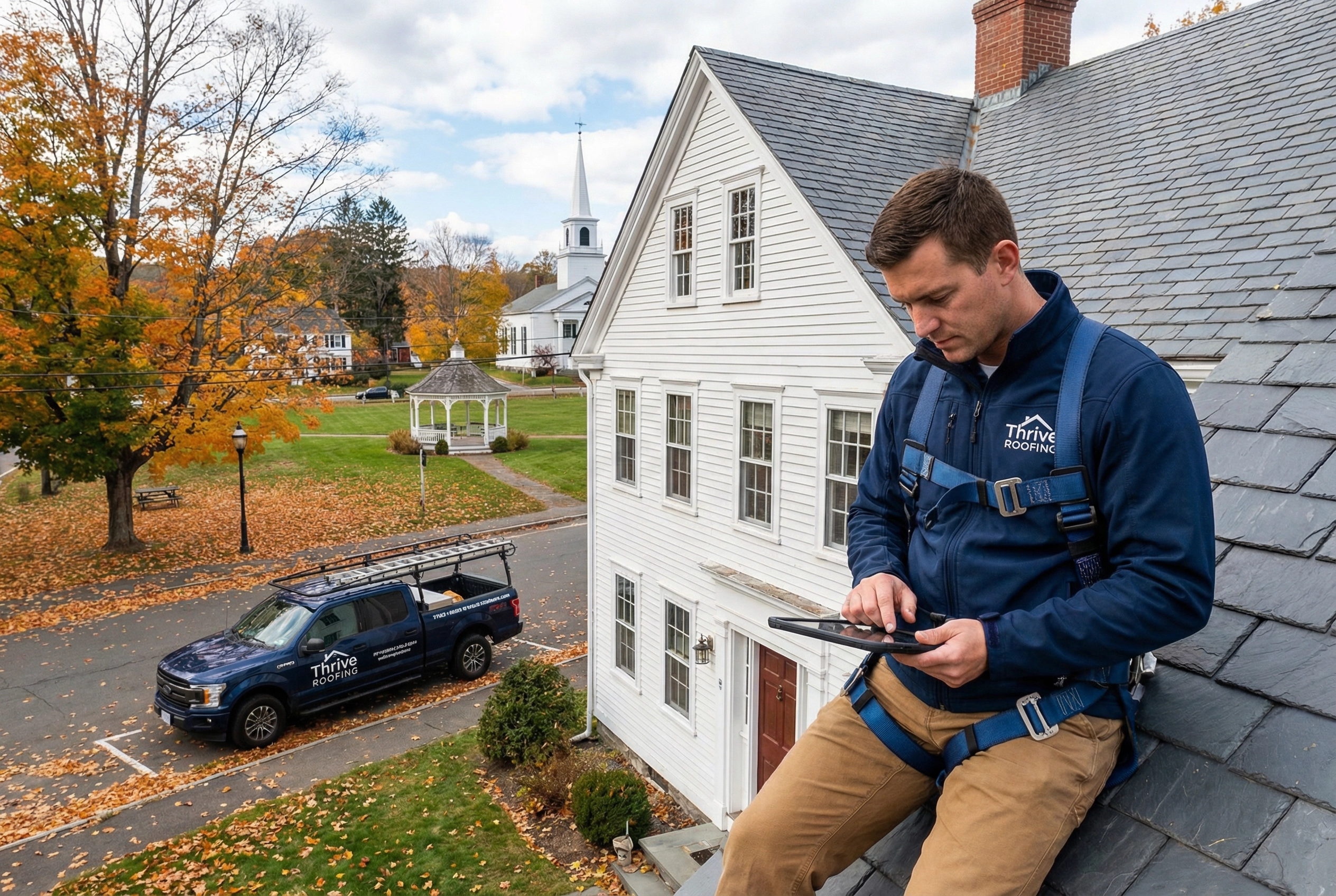 Thrive Roofing contractor inspecting a classic New England colonial home in Granby Center CT