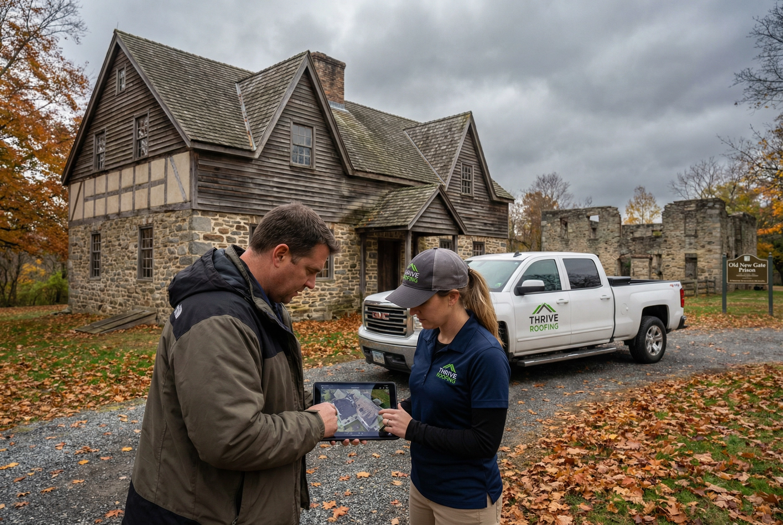 Homeowner and Thrive Roofing contractor reviewing storm damage documentation near the Old New-Gate Prison historic site in Granby CT