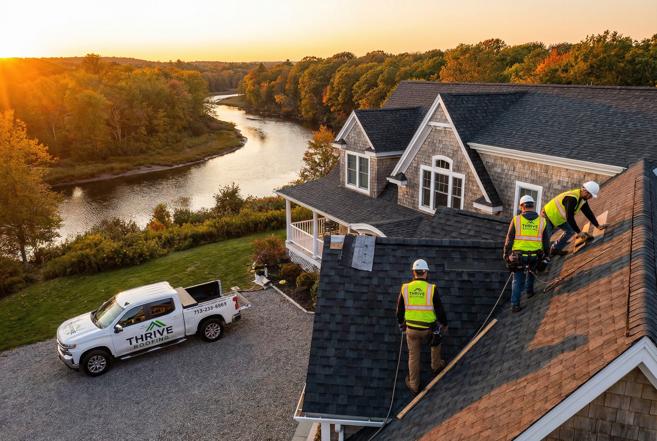 Roofing crew installing streak-resistant shingles on a home near Salmon Brook in Granby CT