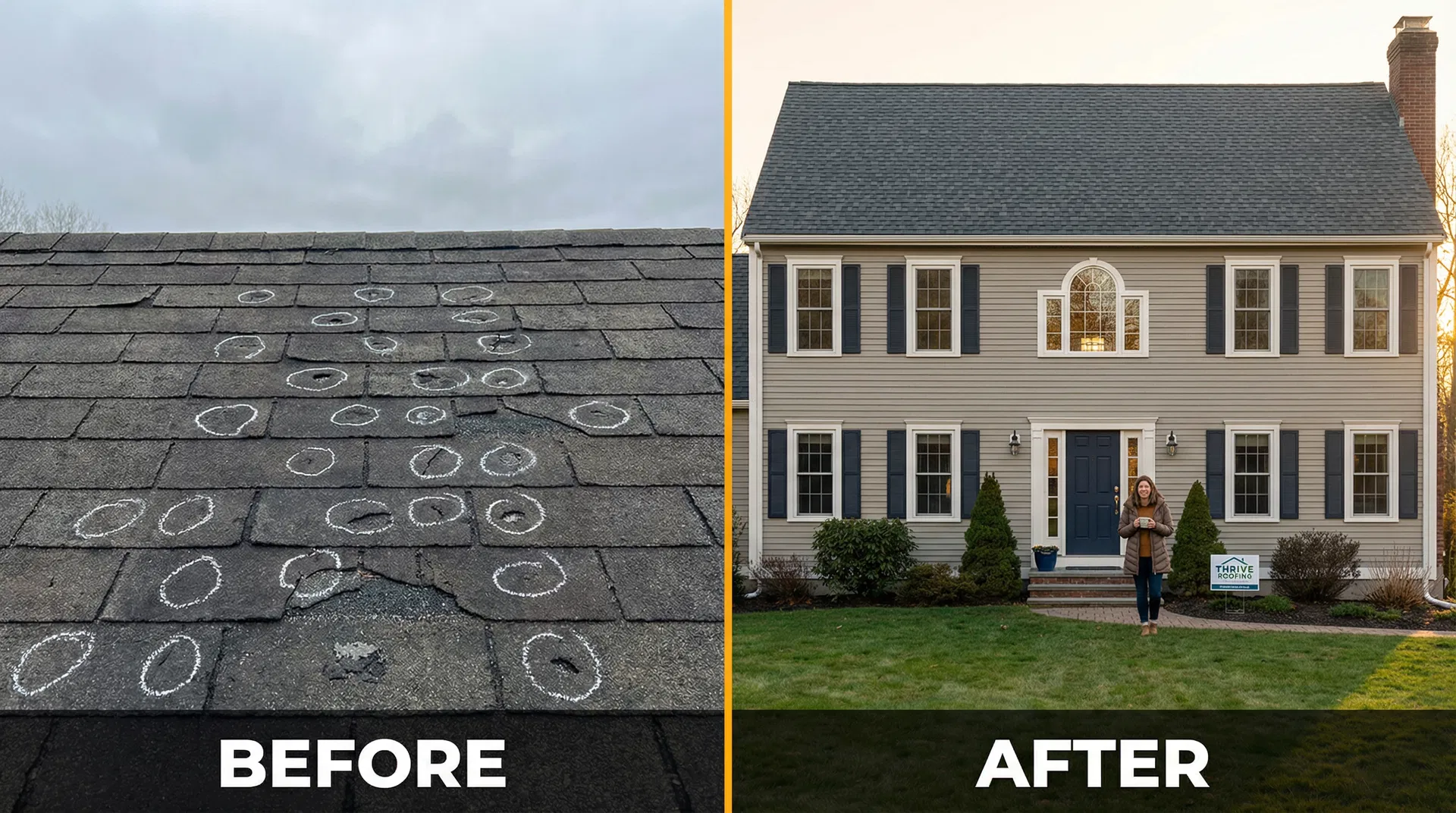 Storm damaged New England home before and after insurance restoration by Thrive Roofing