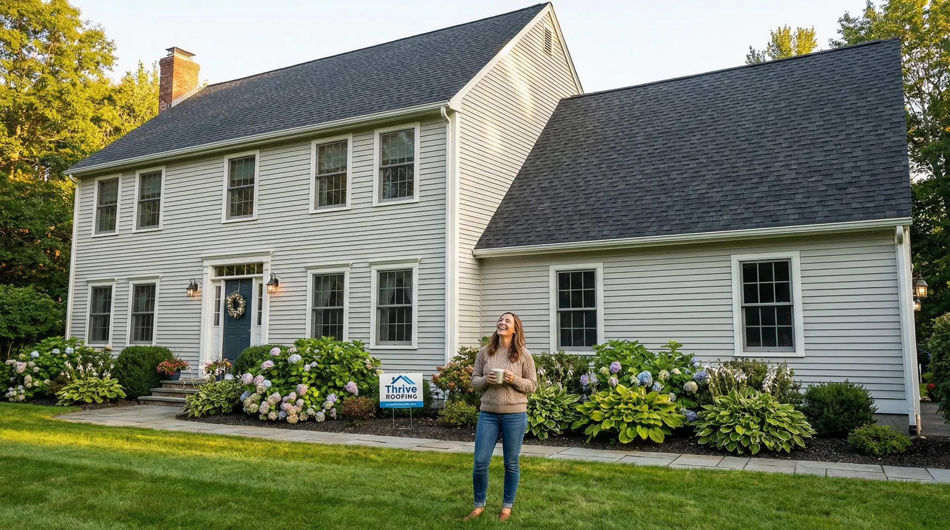Happy homeowner with new Thrive Roofing roof