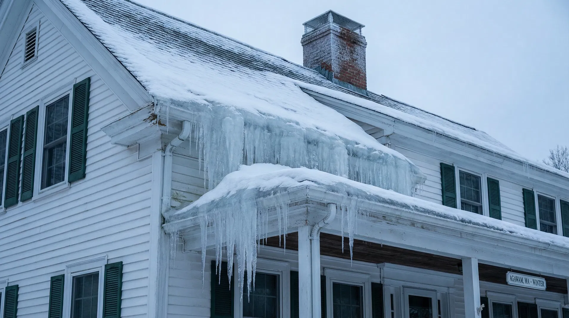 Ice dams forming on a colonial home in Agawam, MA. The icicles look harmless. The water backing up under the shingles is not.