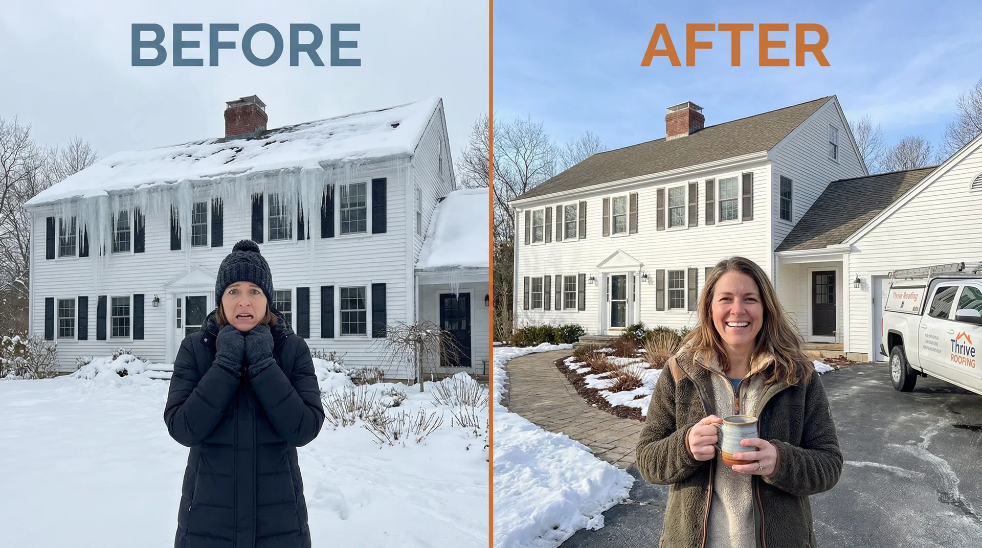 Before and after ice dam removal — panicked homeowner outside home with massive icicles vs relaxed homeowner with coffee and clean roof