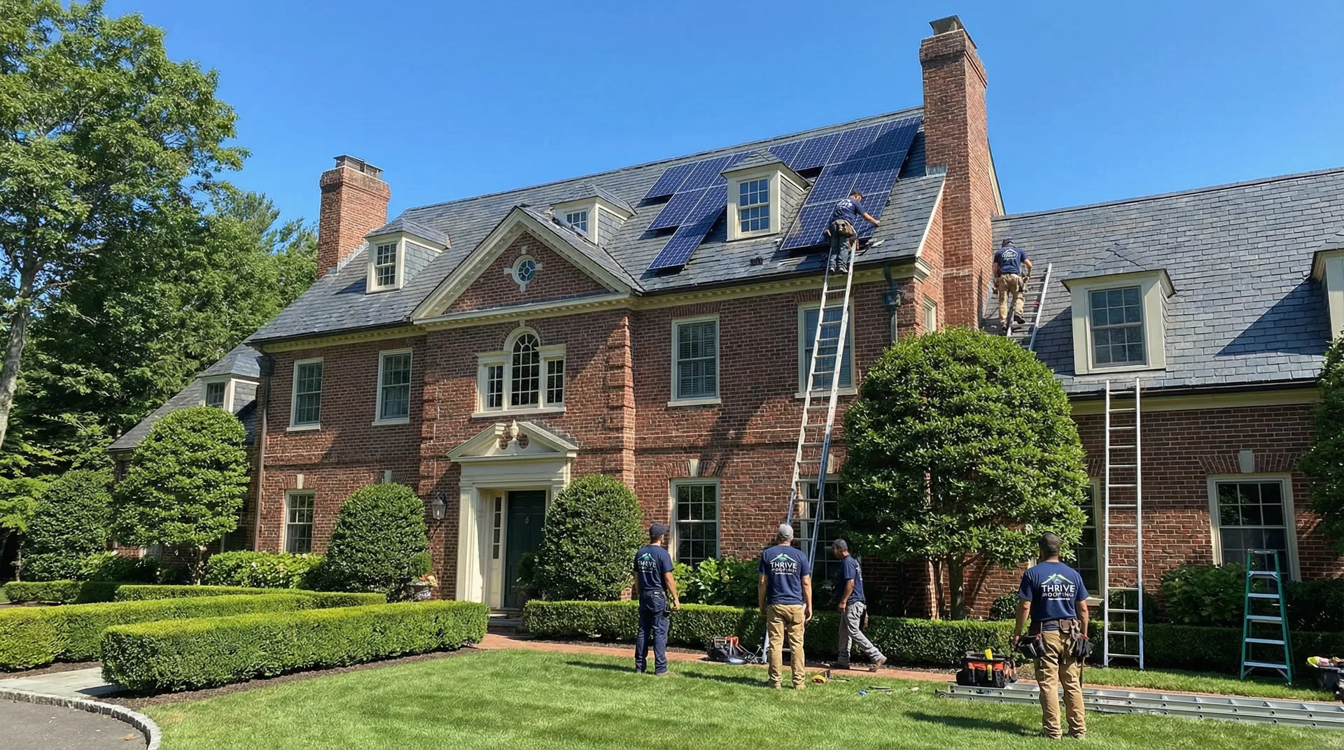 Homeowner and Thrive Roofing contractor reviewing roof damage near Shaker Farms Country Club in East Longmeadow