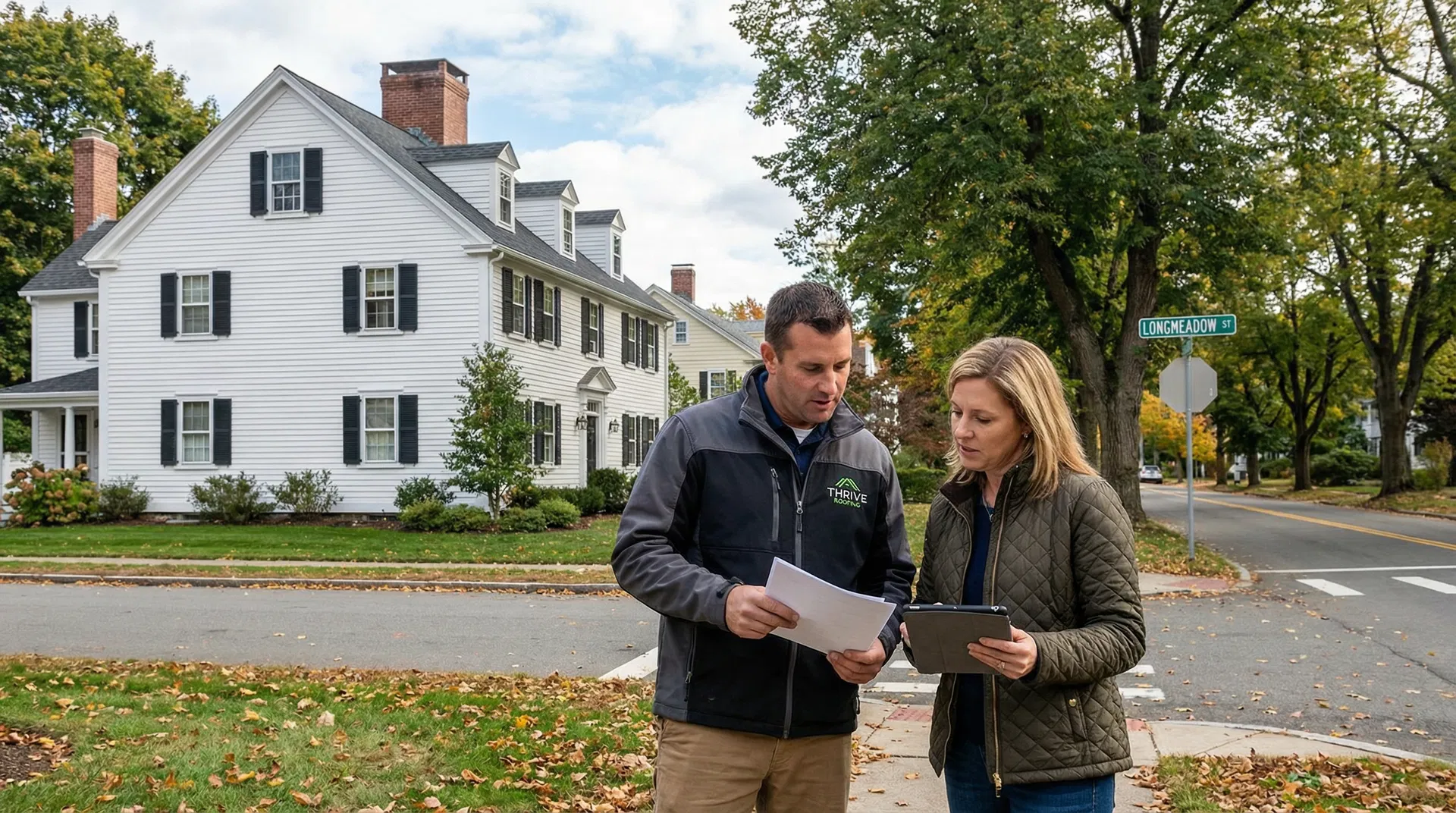 Homeowner and Thrive Roofing contractor reviewing storm damage documentation in the McKnight District of Springfield MA