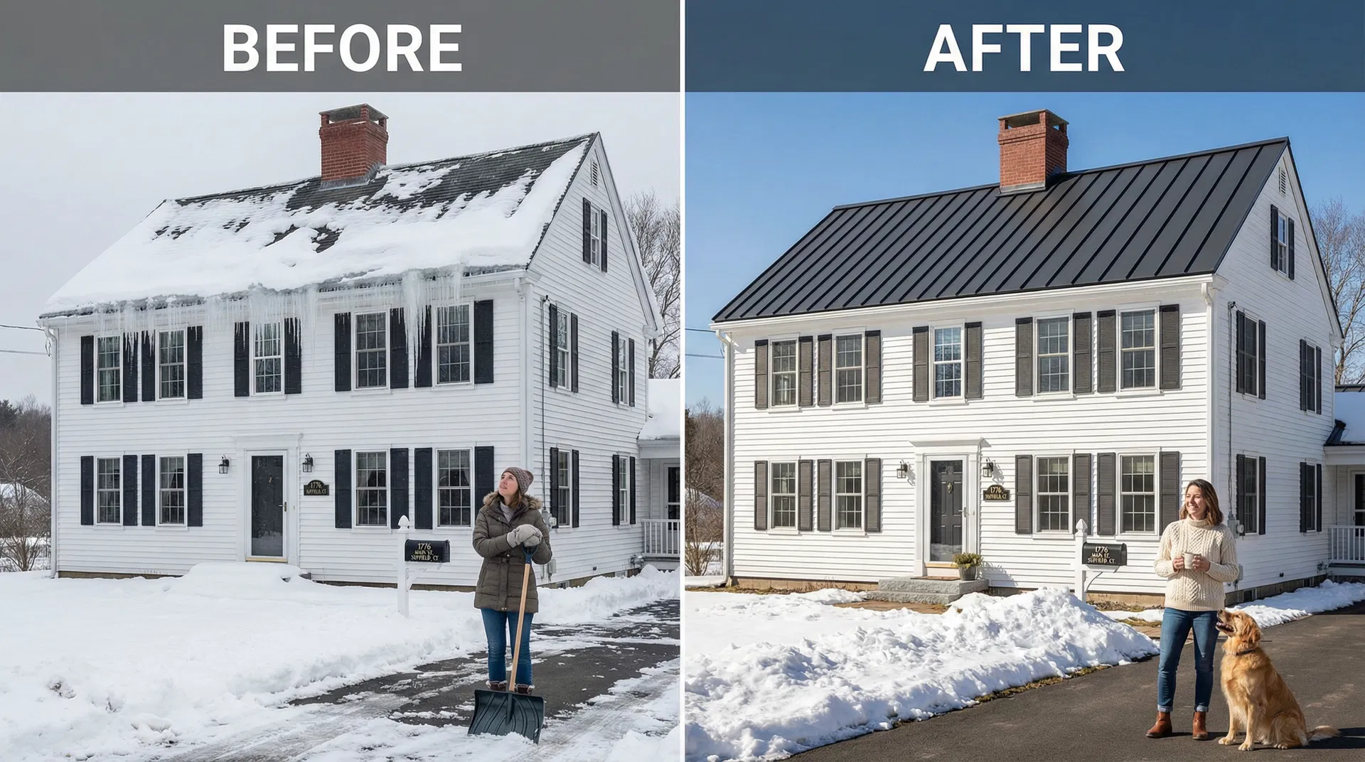 Before and after: ice dam on old asphalt roof vs clean metal roof in Southwick MA winter