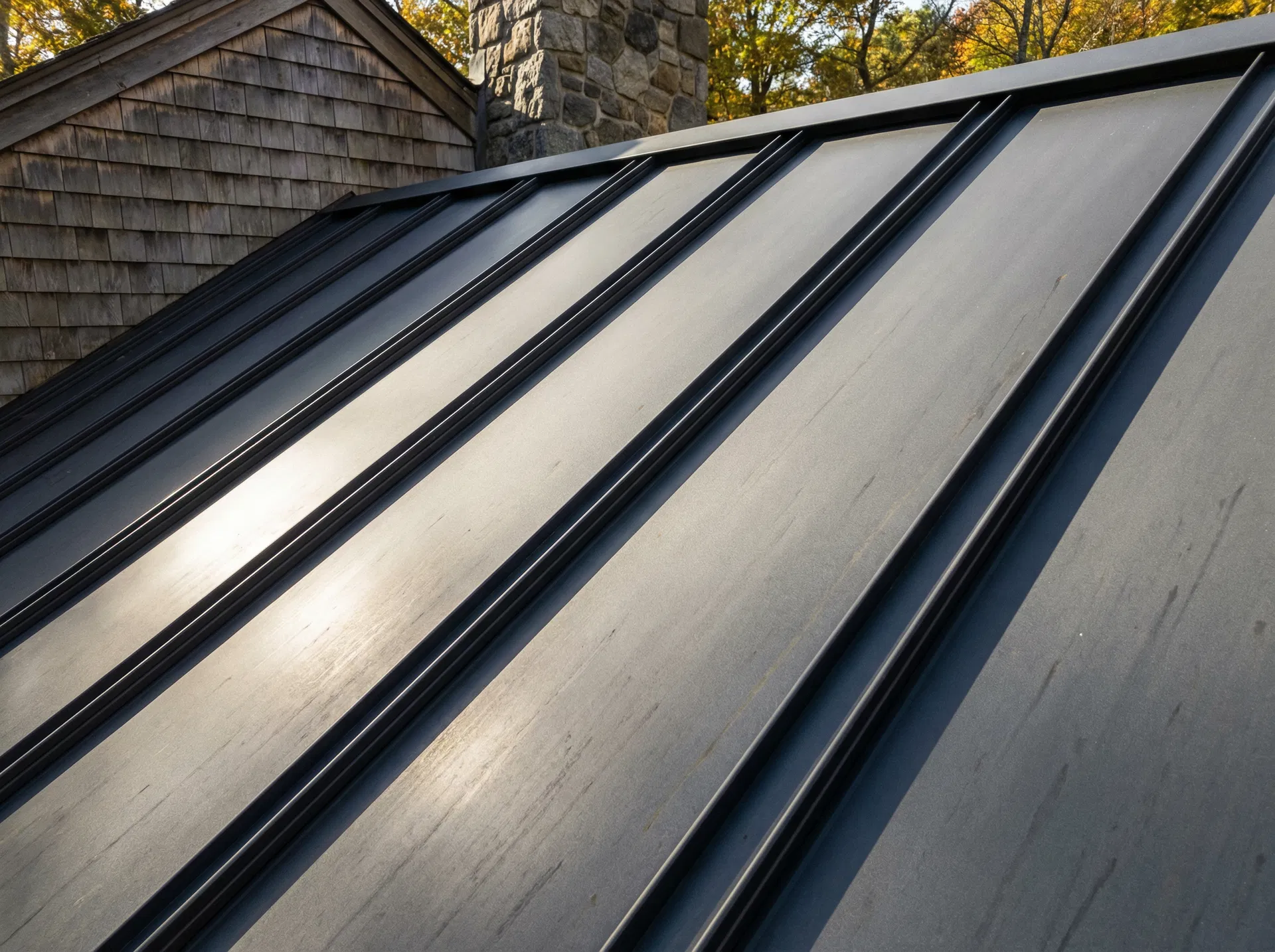 Matte Charcoal standing seam metal roof close-up