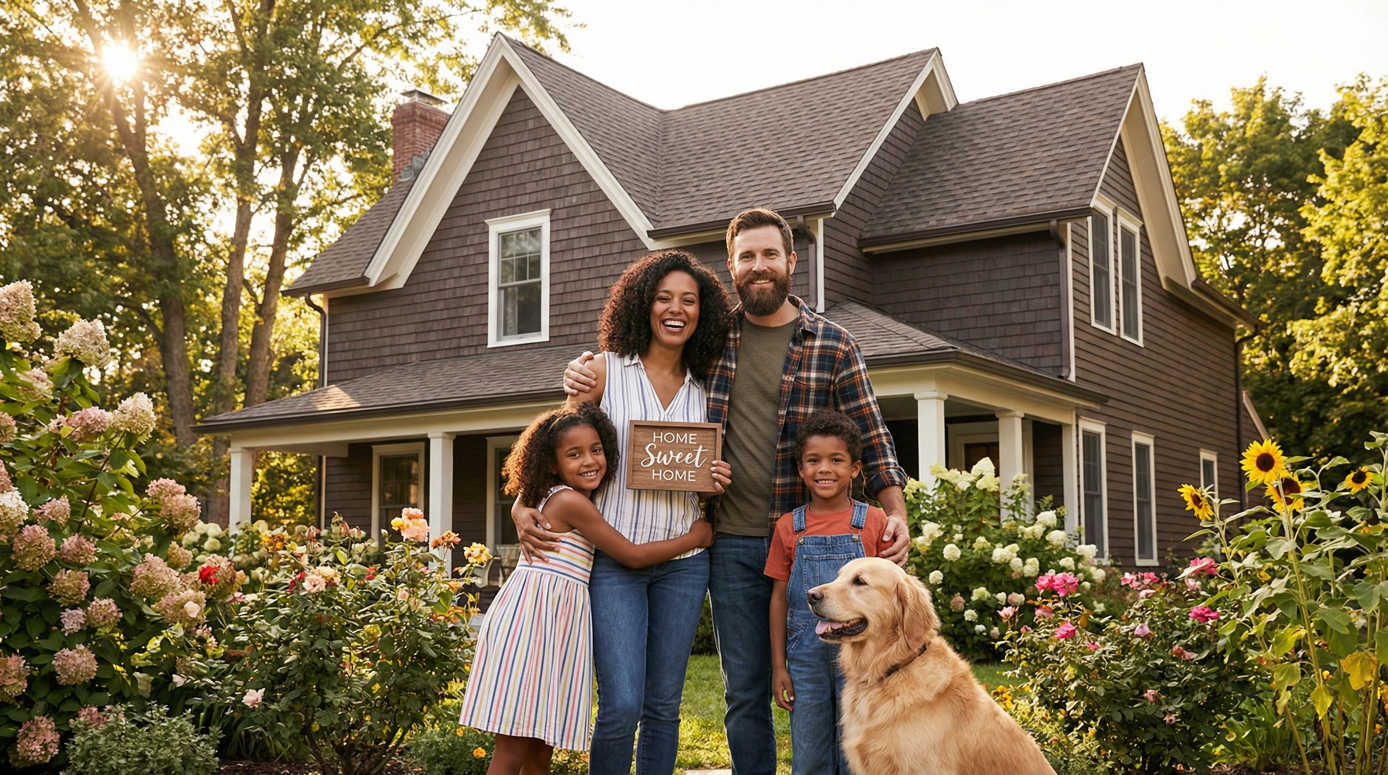 Family in front of their new Thrive Roofing home