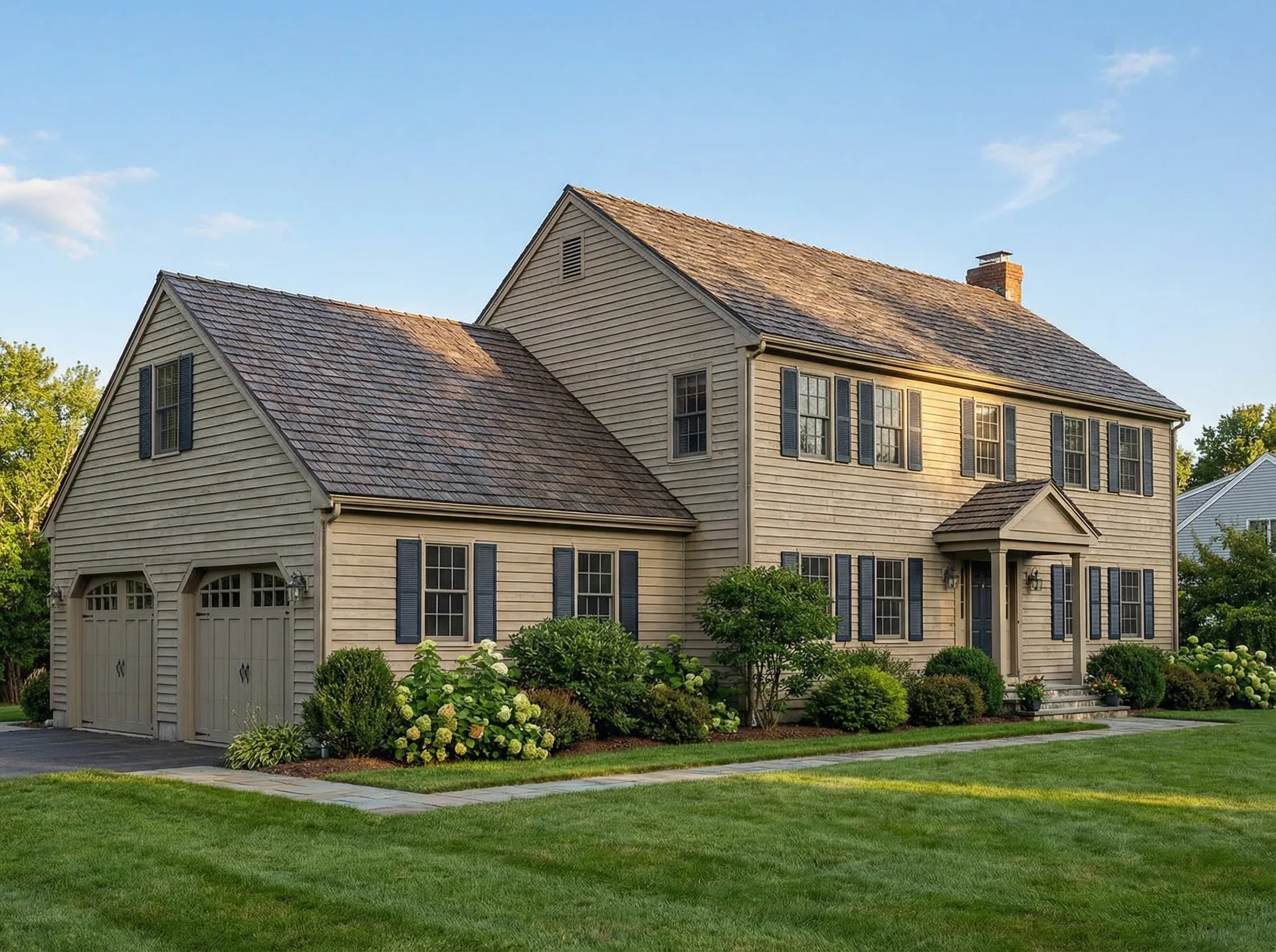 Classic New England Garrison home in Agawam MA with antique bronze metal shingle roof