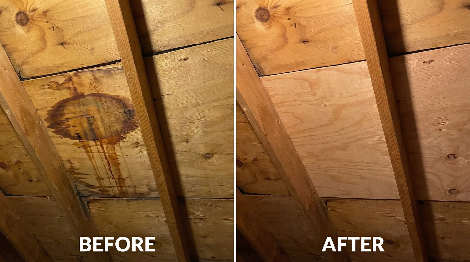 Before and after: attic leak repaired by Thrive Roofing