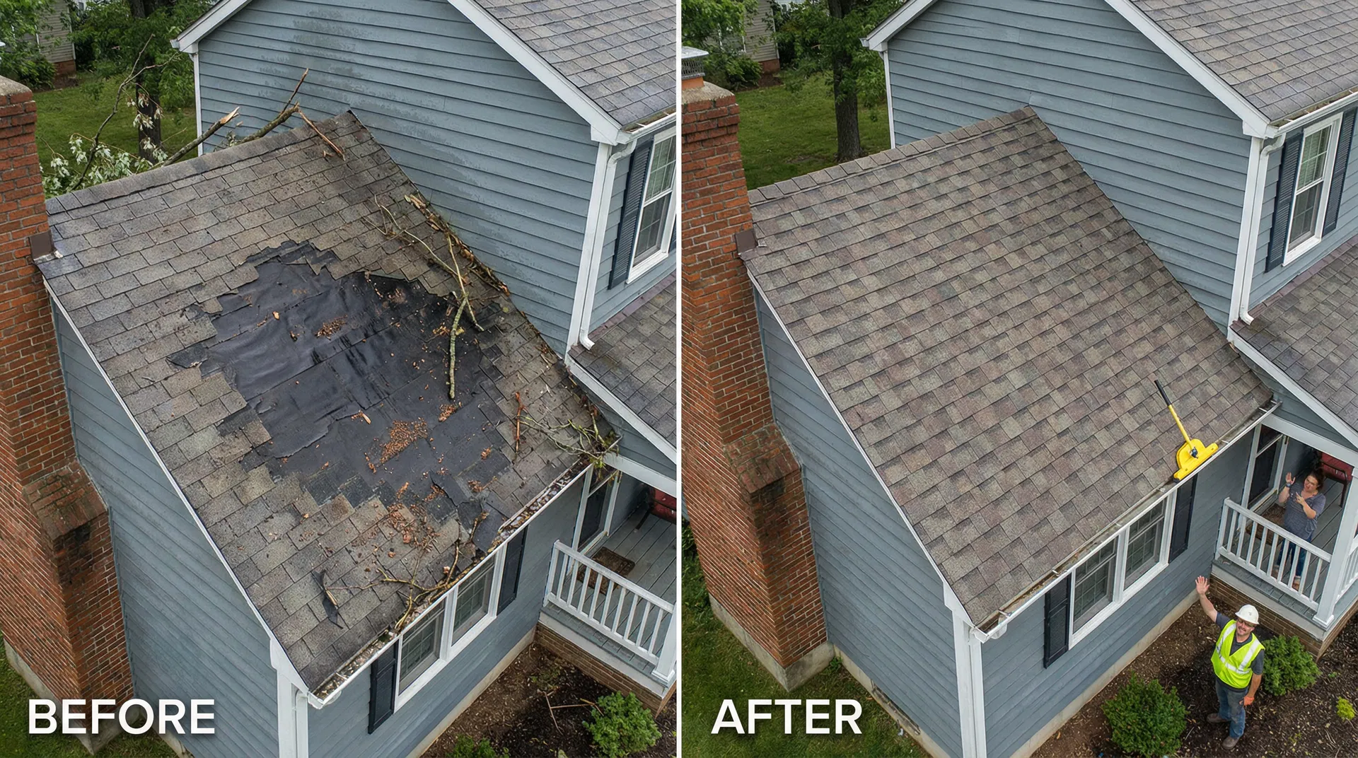 Before and after: storm shingle damage repaired by Thrive Roofing