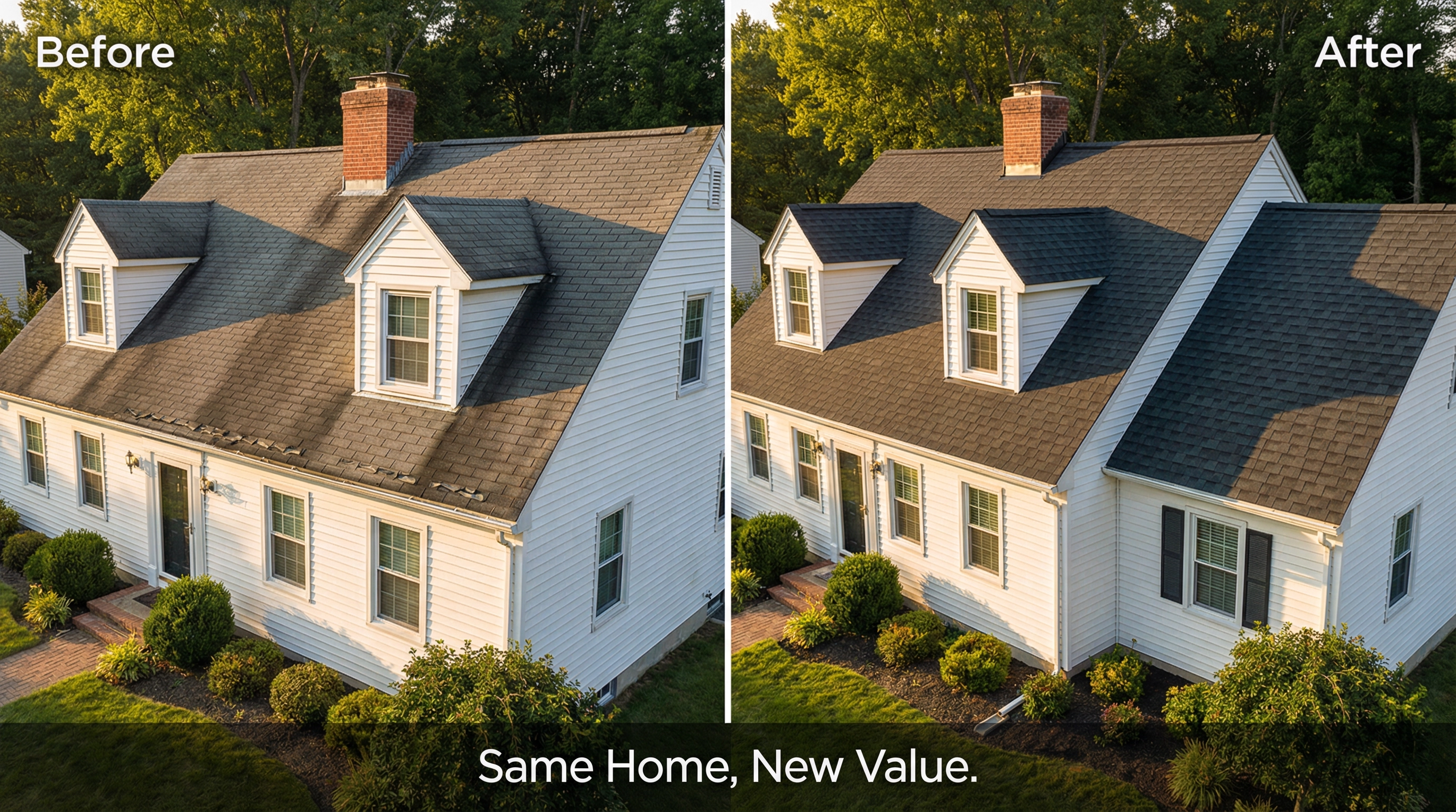 Same house before and after roof replacement — aged shingles replaced with new CertainTeed Charcoal architectural shingles