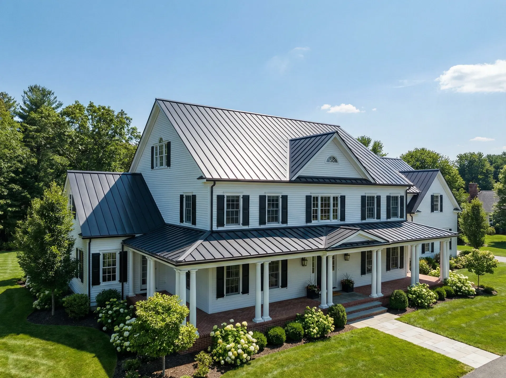 High-end Colonial home in Agawam MA with matte charcoal standing seam metal roof